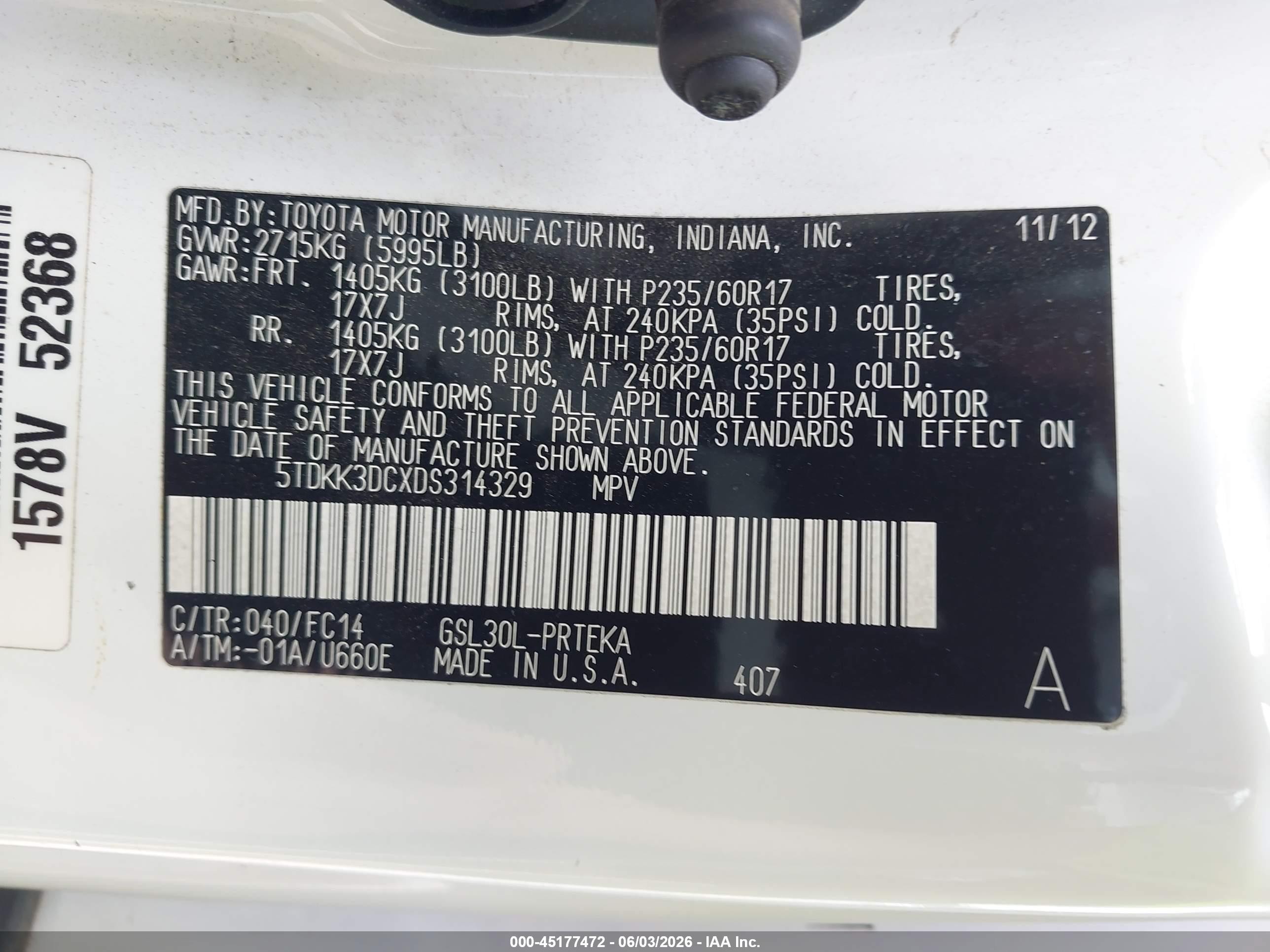 2013 Toyota Sienna Le V6 8 Passenger White vin: 5TDKK3DCXDS314329