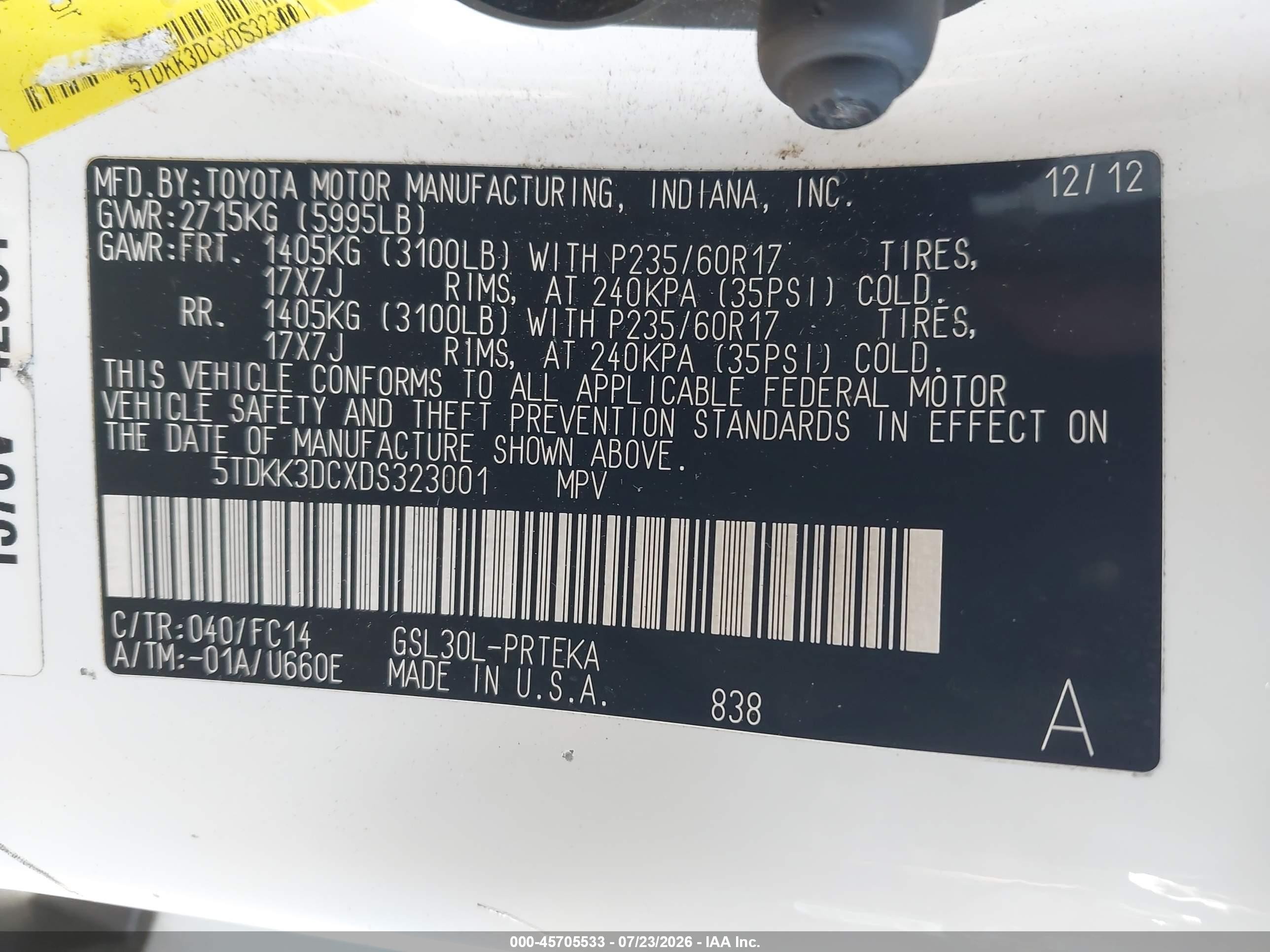 2013 Toyota Sienna Le V6 8 Passenger White vin: 5TDKK3DCXDS323001