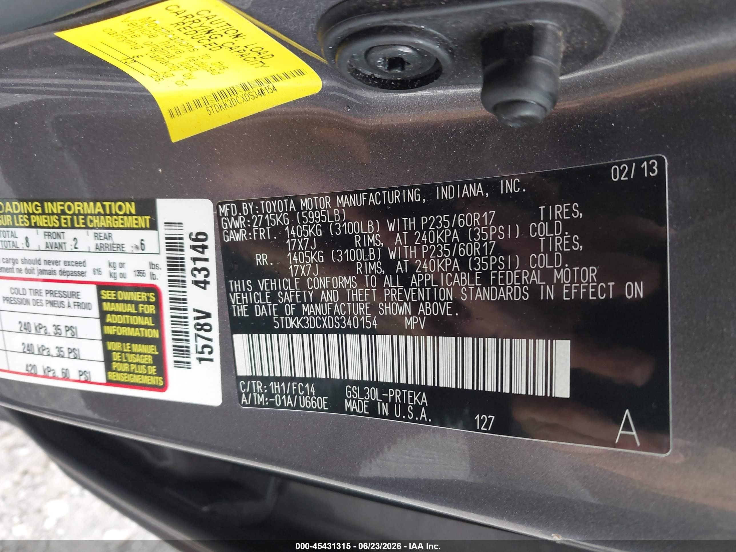 2013 Toyota Sienna Le V6 8 Passenger Gray vin: 5TDKK3DCXDS340154