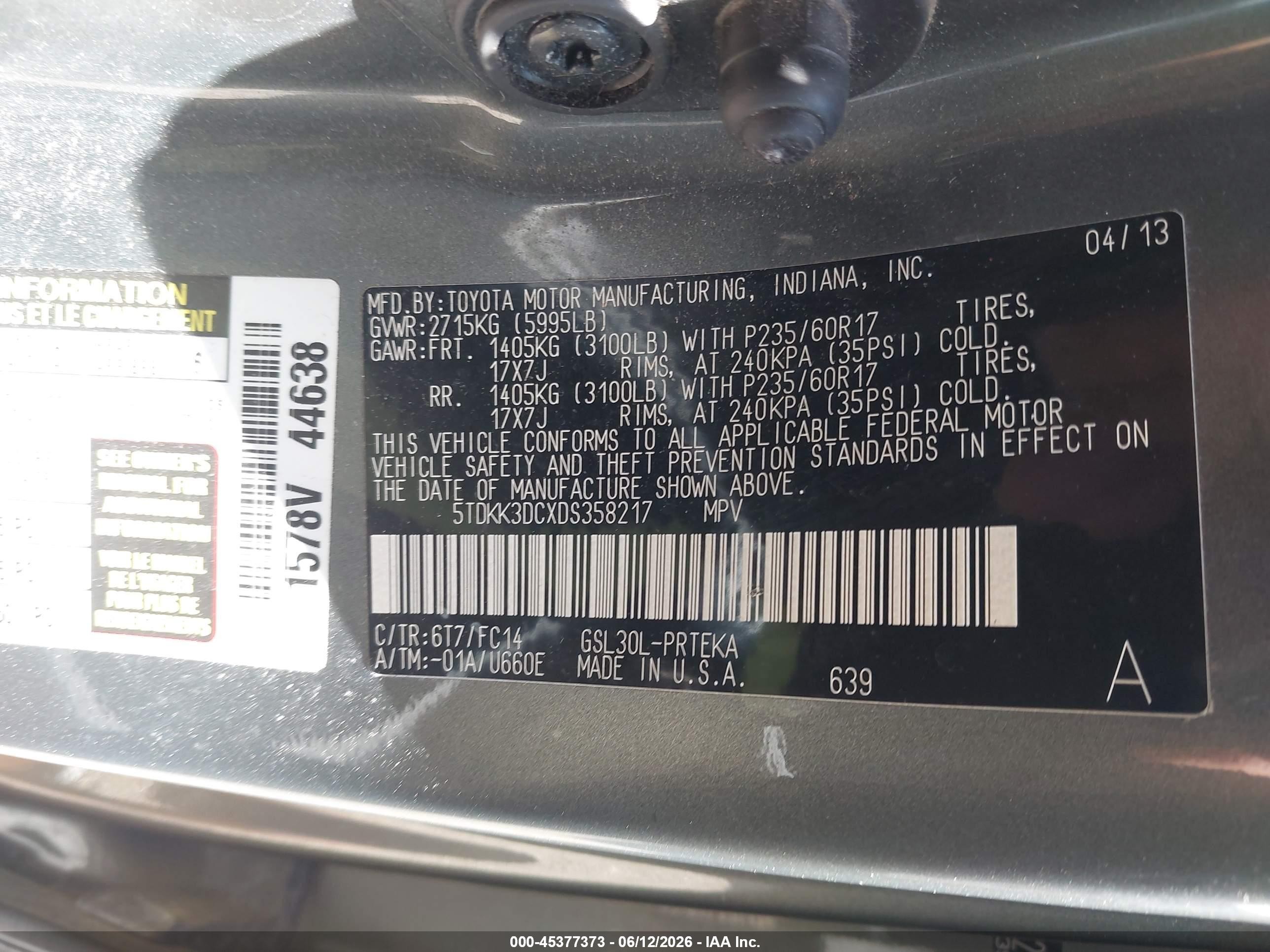2013 Toyota Sienna Le V6 8 Passenger Зеленый vin: 5TDKK3DCXDS358217