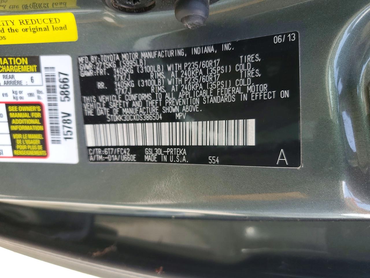 2013 Toyota Sienna Le Green vin: 5TDKK3DCXDS386504