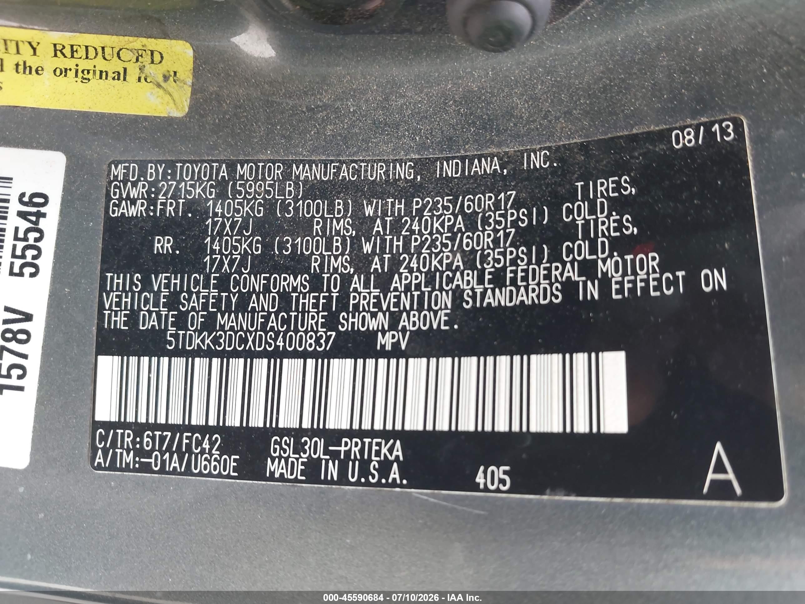 2013 Toyota Sienna Le V6 8 Passenger Gray vin: 5TDKK3DCXDS400837