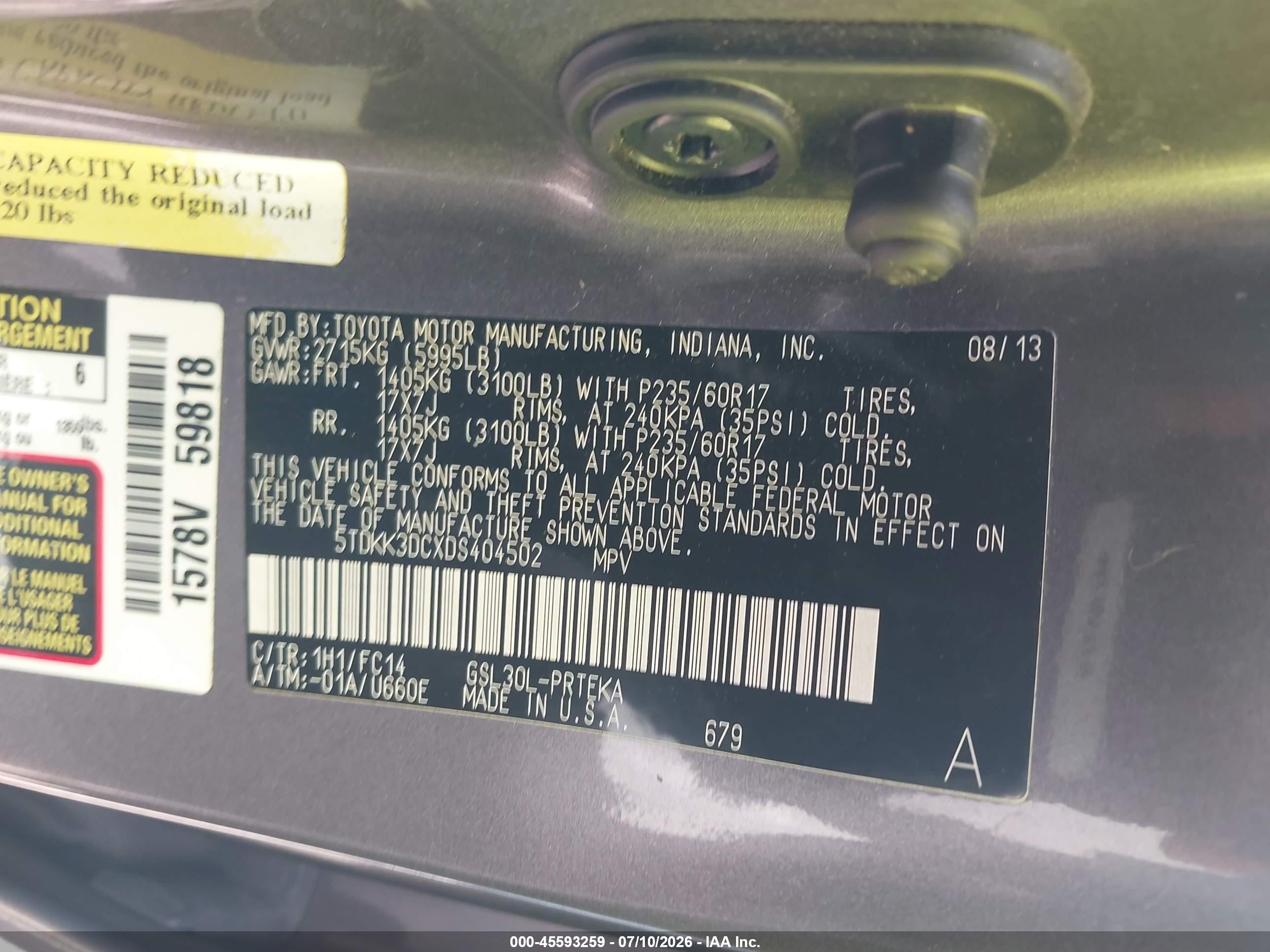 2013 Toyota Sienna Le V6 8 Passenger Gray vin: 5TDKK3DCXDS404502