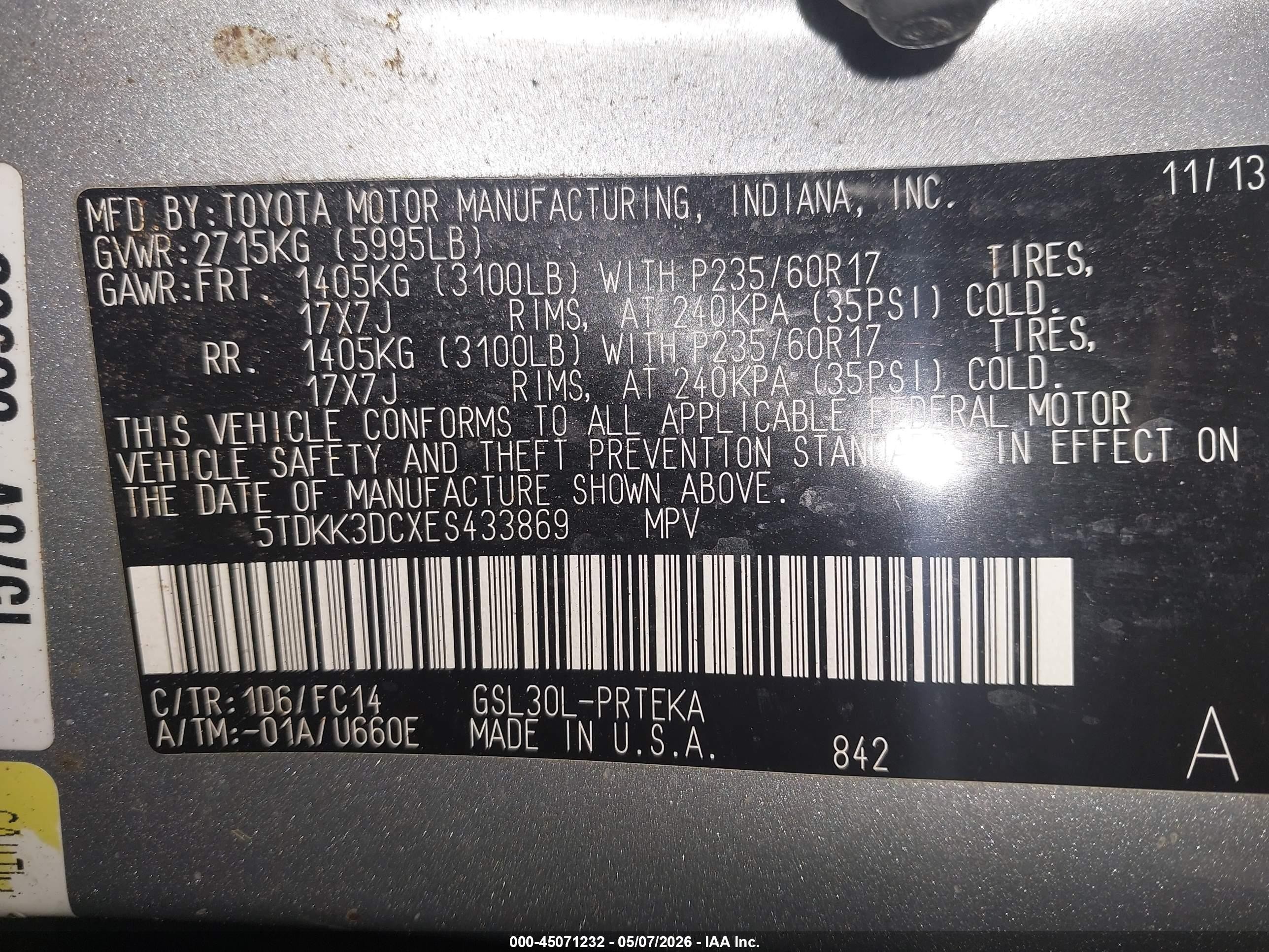 2014 Toyota Sienna Le V6 8 Passenger Серый vin: 5TDKK3DCXES433869