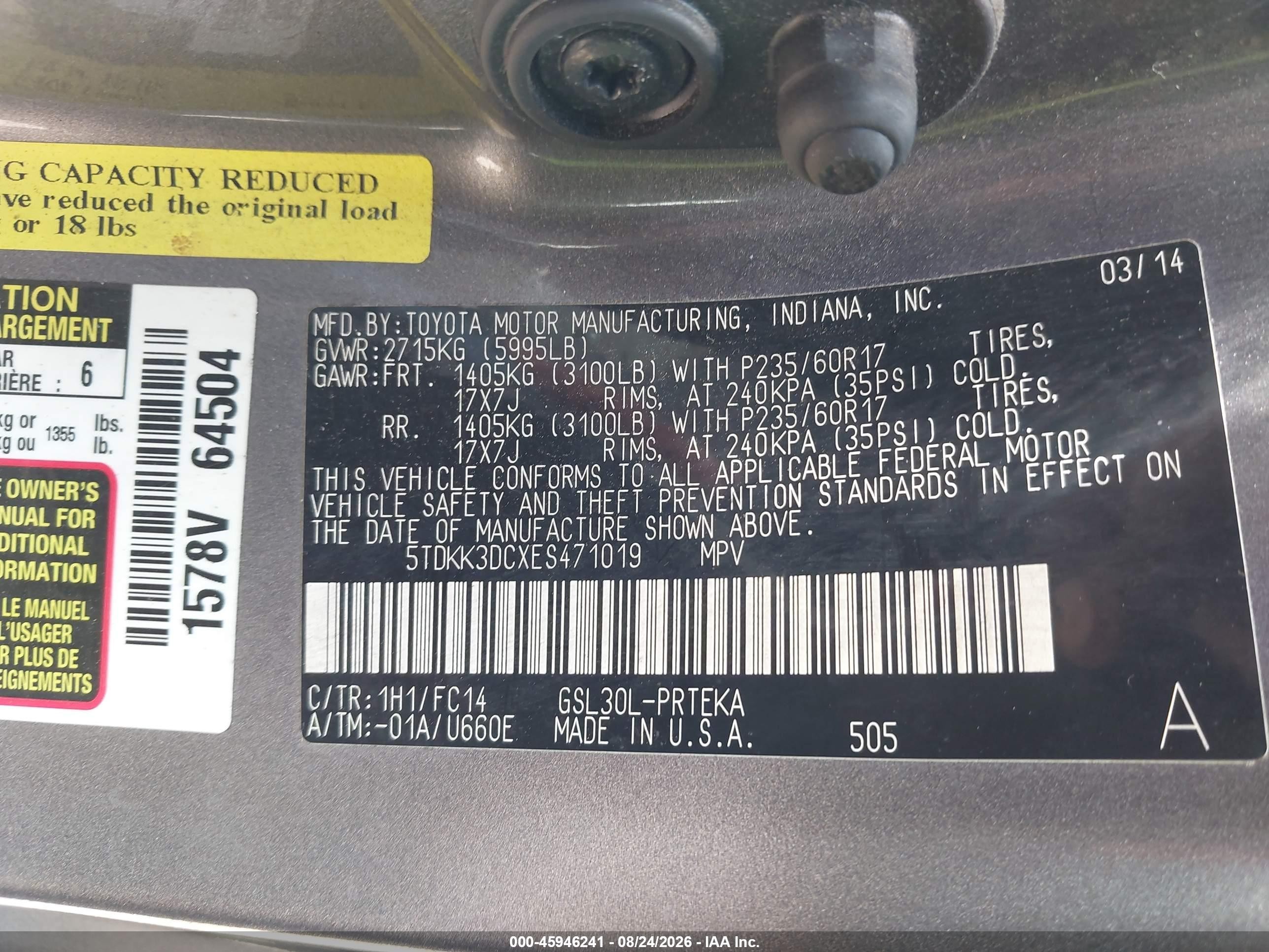 2014 Toyota Sienna Le V6 8 Passenger Gray vin: 5TDKK3DCXES471019