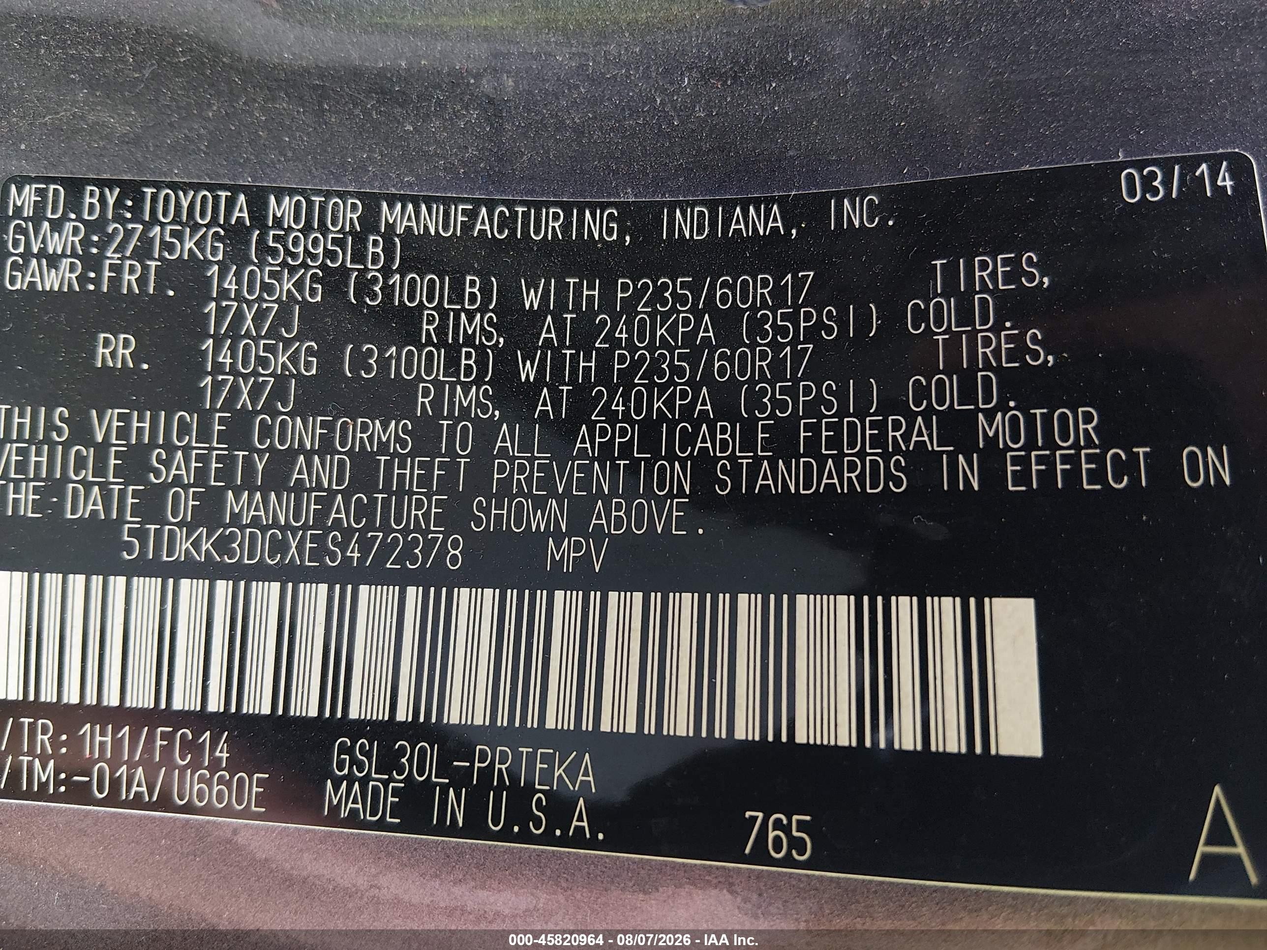 2014 Toyota Sienna Le V6 8 Passenger Gray vin: 5TDKK3DCXES472378