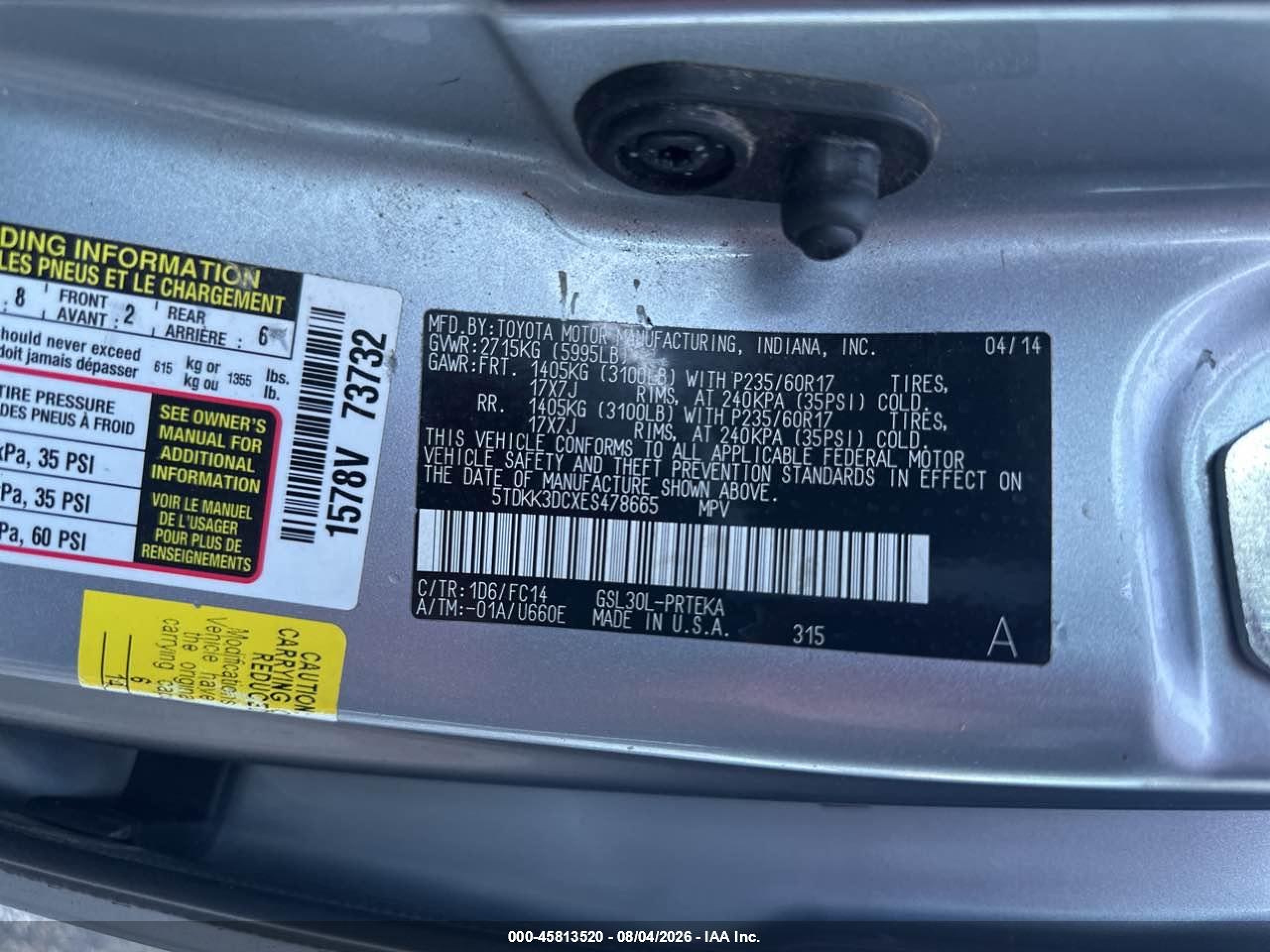 2014 Toyota Sienna Le V6 8 Passenger Серебряный vin: 5TDKK3DCXES478665