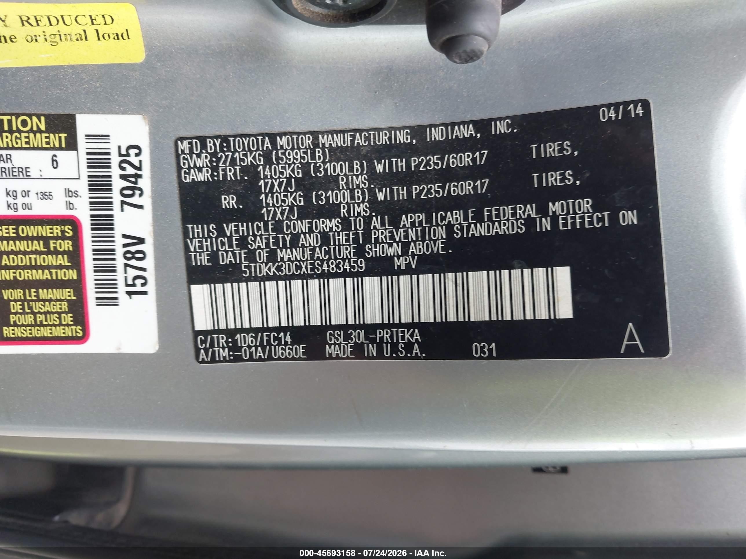 2014 Toyota Sienna Le V6 8 Passenger Gray vin: 5TDKK3DCXES483459