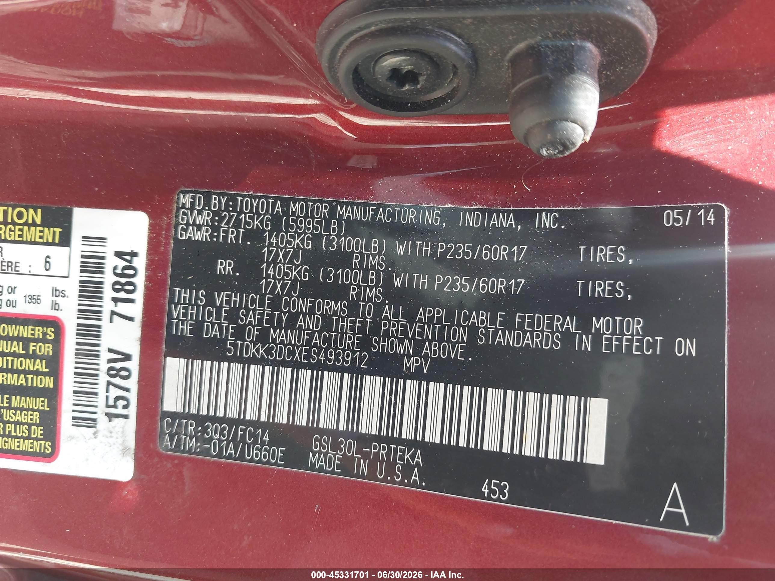 2014 Toyota Sienna Le V6 8 Passenger Burgundy vin: 5TDKK3DCXES493912