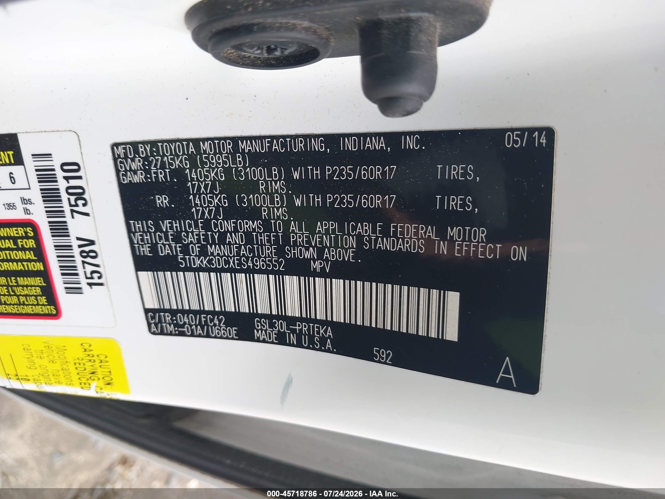 2014 Toyota Sienna Le V6 8 Passenger White vin: 5TDKK3DCXES496552