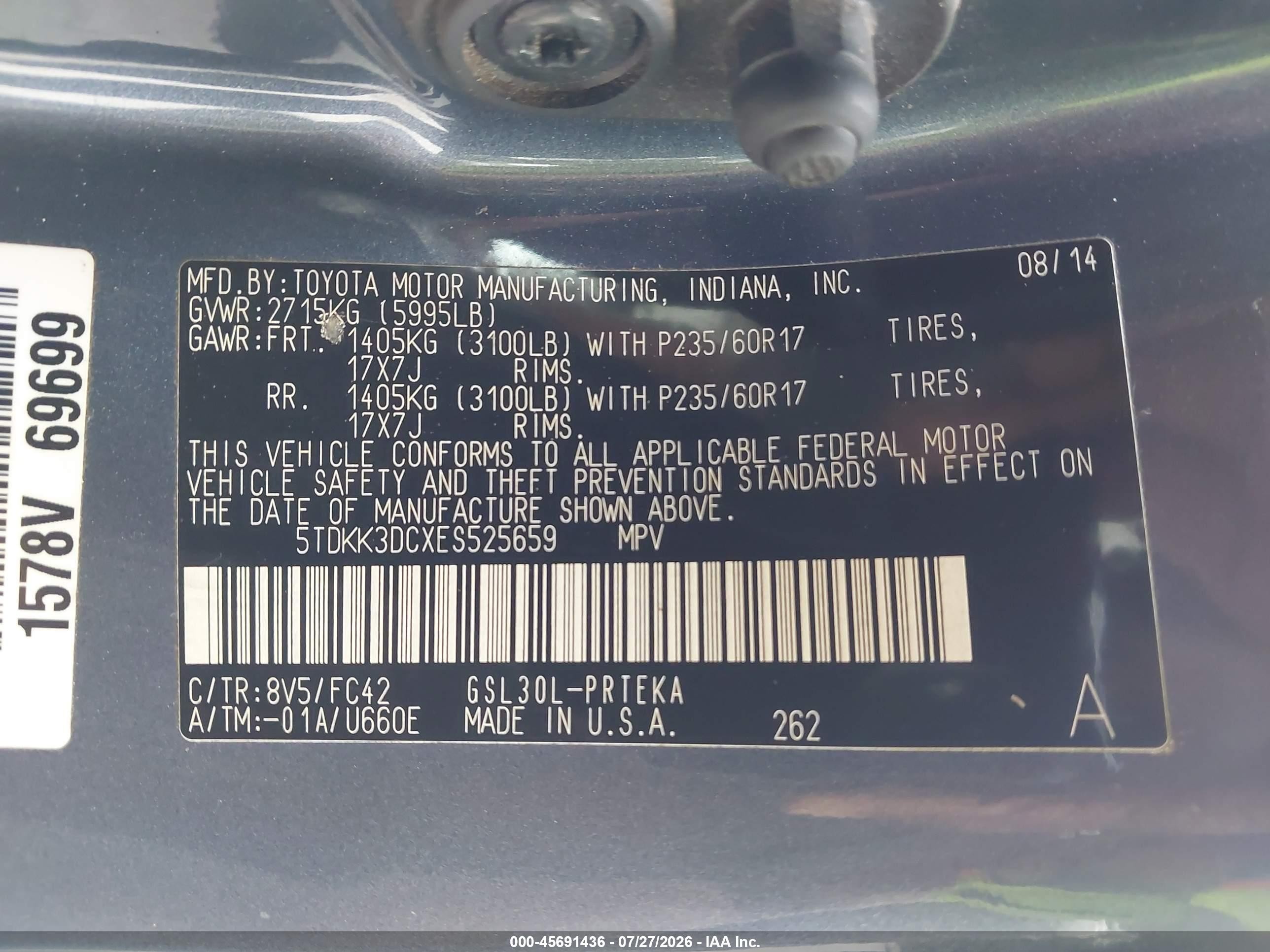 2014 Toyota Sienna Le V6 8 Passenger Blue vin: 5TDKK3DCXES525659