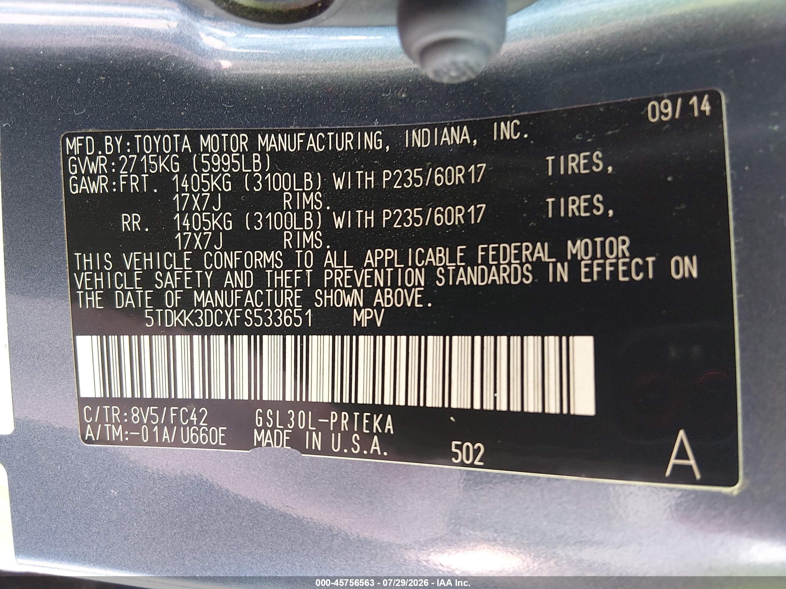 2015 Toyota Sienna Le 8 Passenger Blue vin: 5TDKK3DCXFS533651