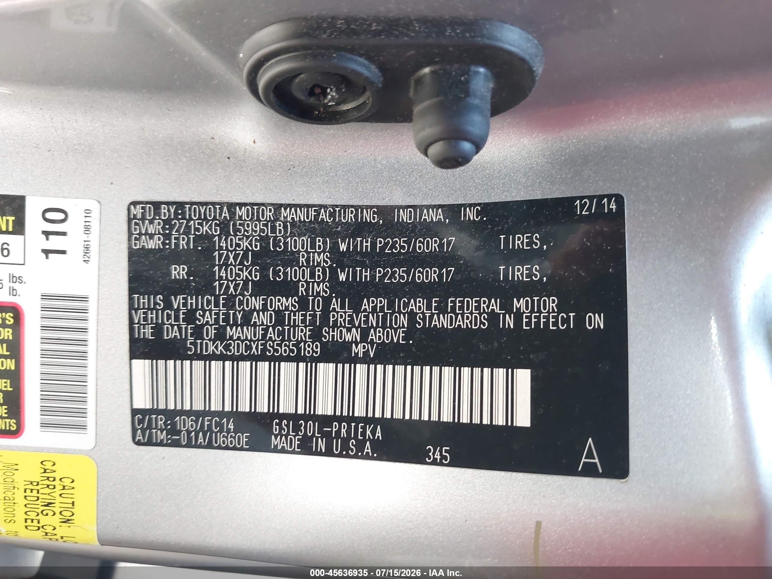 2015 Toyota Sienna Le 8 Passenger Silver vin: 5TDKK3DCXFS565189