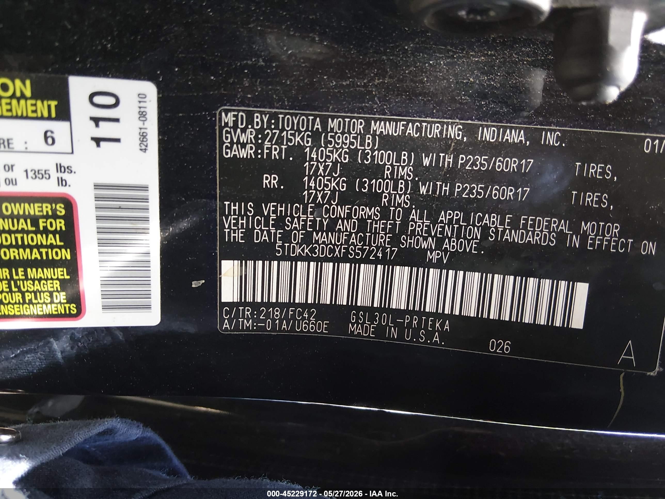 2015 Toyota Sienna Le 8 Passenger Black vin: 5TDKK3DCXFS572417