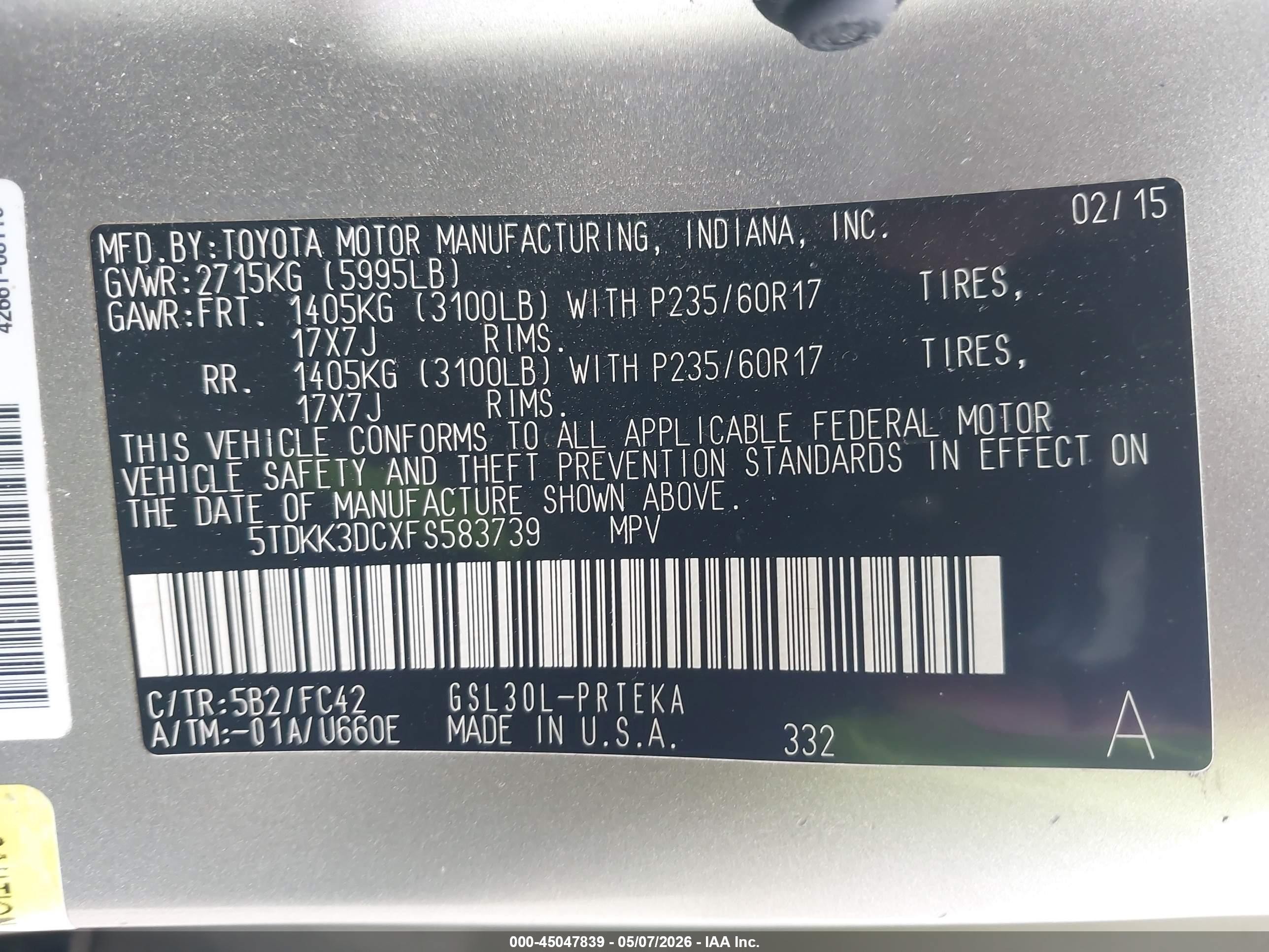 2015 Toyota Sienna Le 8 Passenger Champagne vin: 5TDKK3DCXFS583739