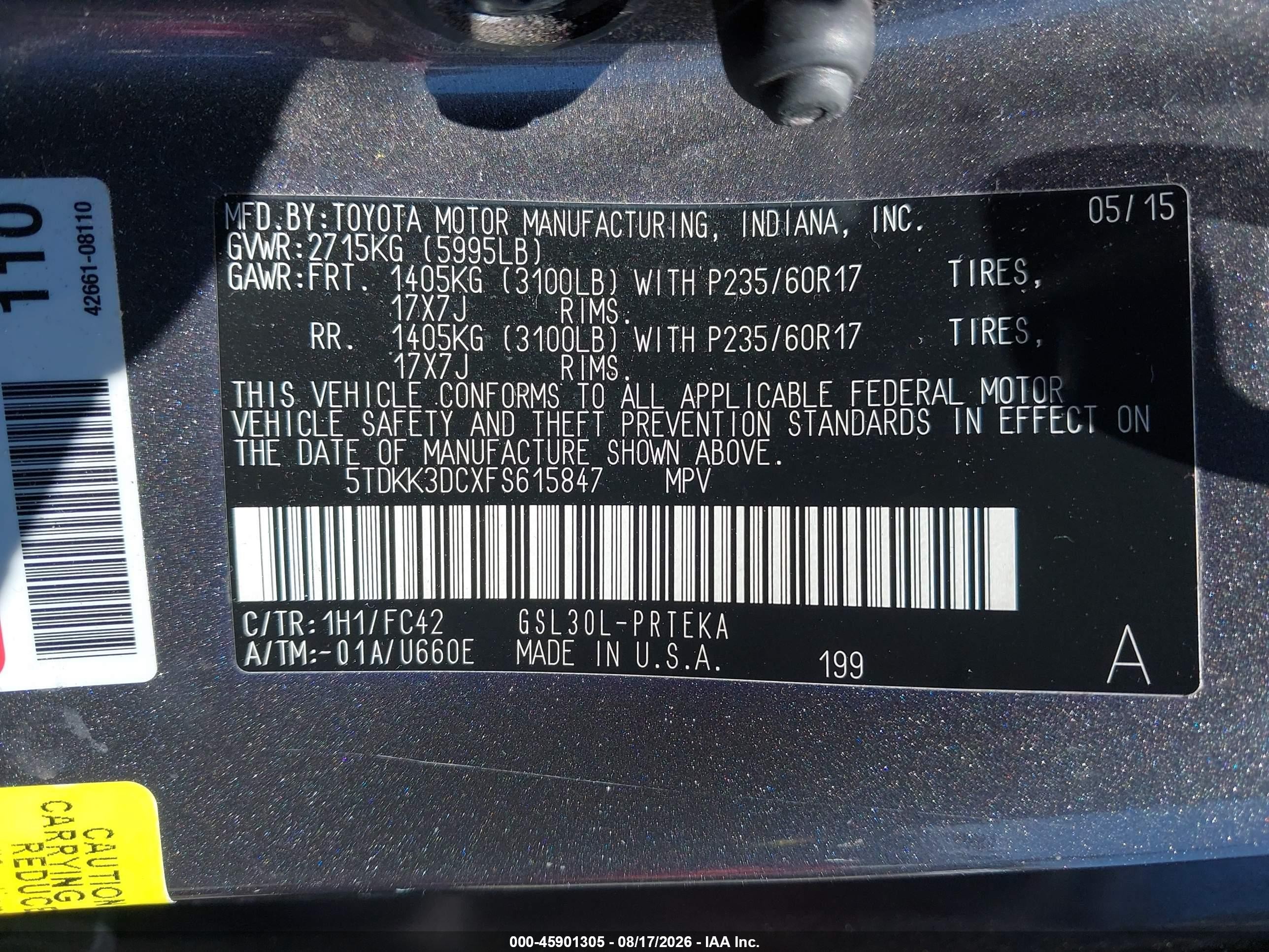 2015 Toyota Sienna Le 8 Passenger Gray vin: 5TDKK3DCXFS615847