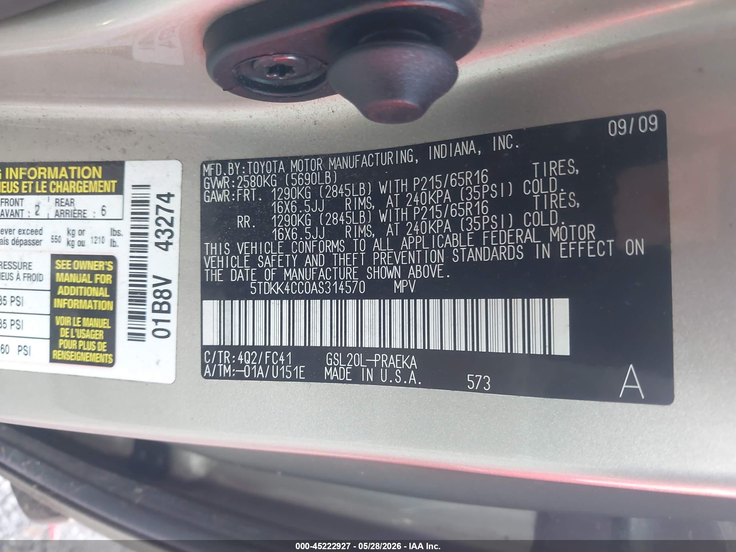 2010 Toyota Sienna Le Beige vin: 5TDKK4CC0AS314570
