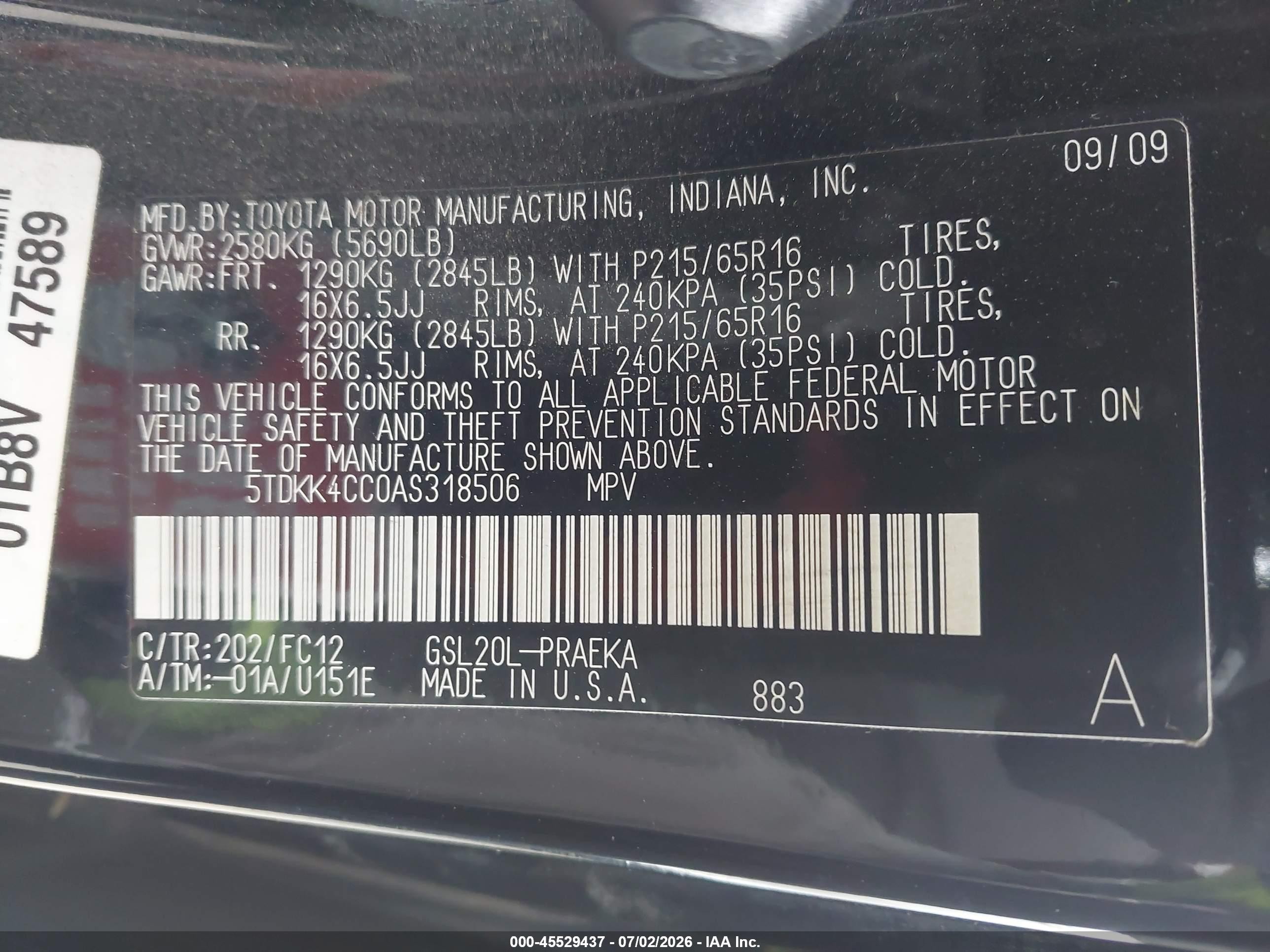 2010 Toyota Sienna Le Black vin: 5TDKK4CC0AS318506