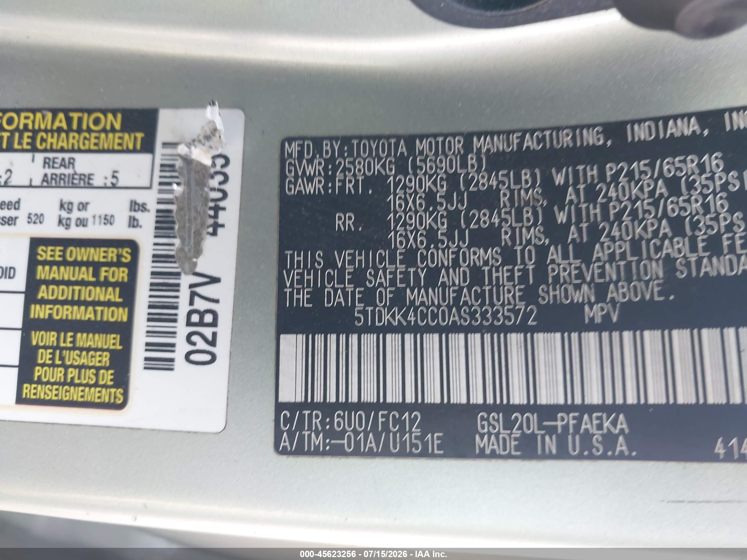 2010 Toyota Sienna Le Green vin: 5TDKK4CC0AS333572