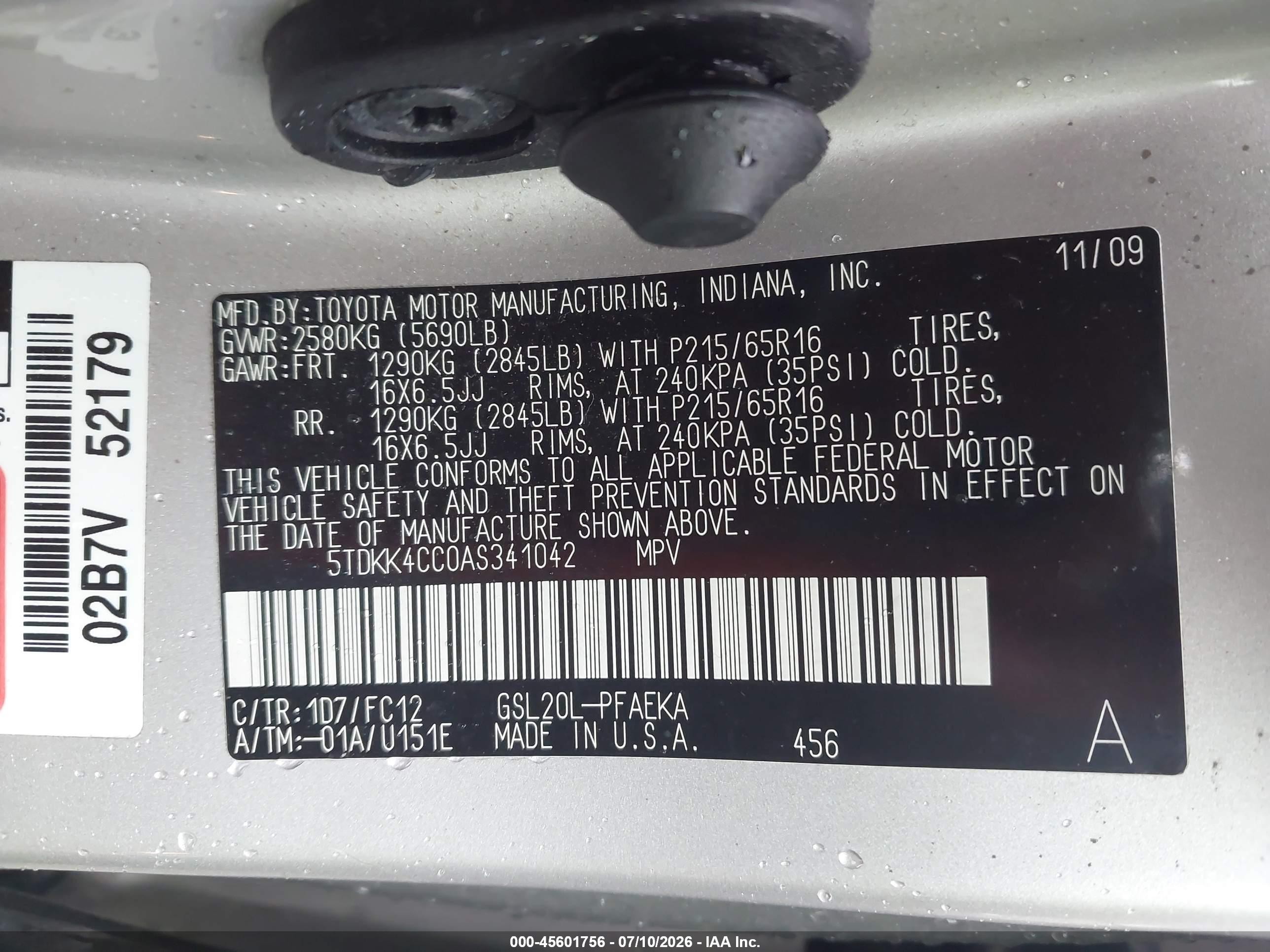 2010 Toyota Sienna Le Silver vin: 5TDKK4CC0AS341042