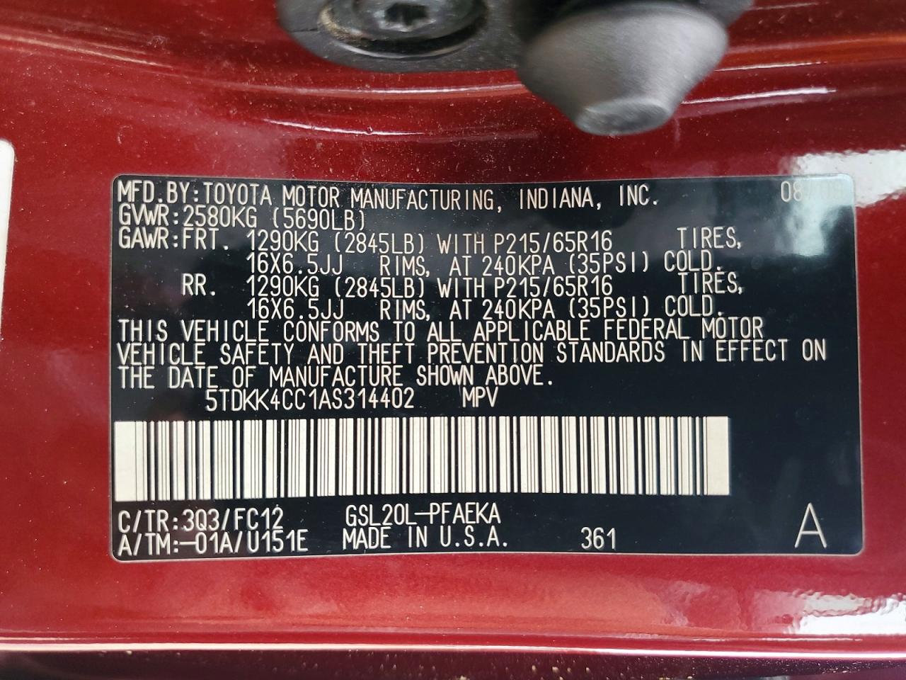 2010 Toyota Sienna Le 7-passenger Burgundy vin: 5TDKK4CC1AS314402