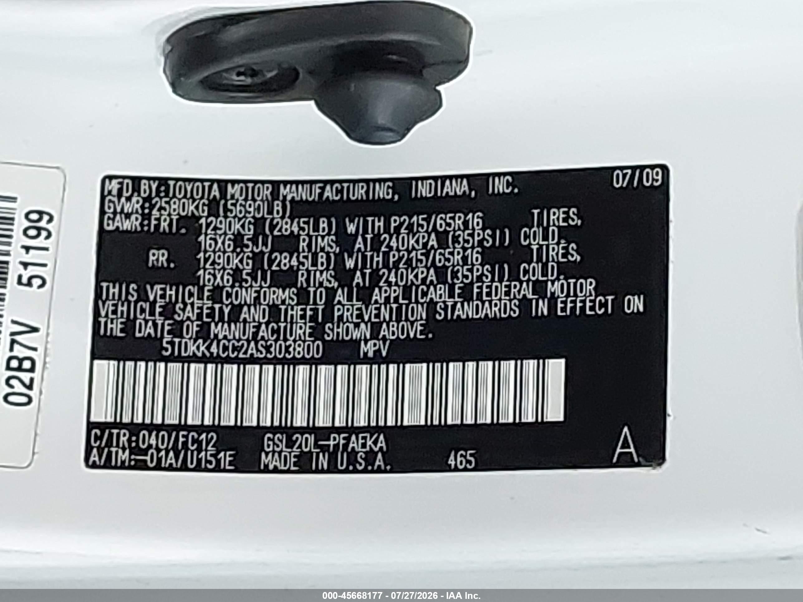 2010 Toyota Sienna Le White vin: 5TDKK4CC2AS303800