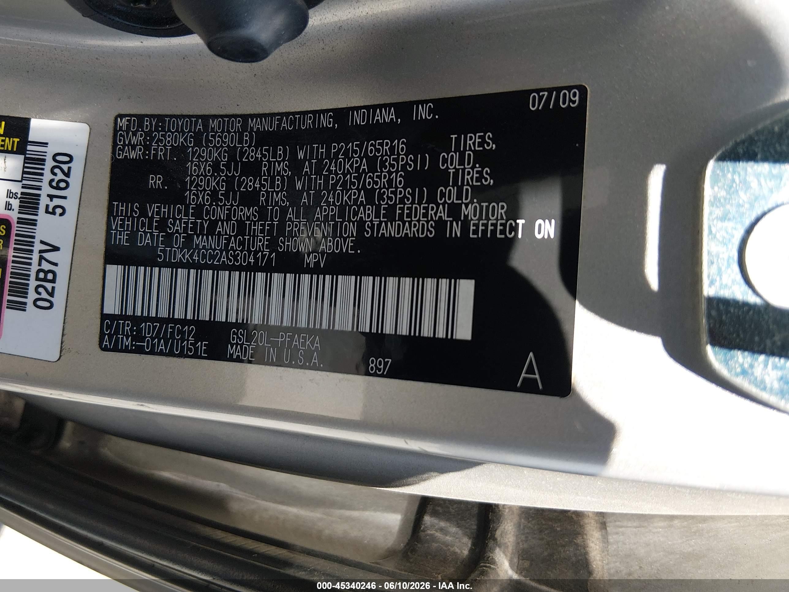 2010 Toyota Sienna Le Beige vin: 5TDKK4CC2AS304171