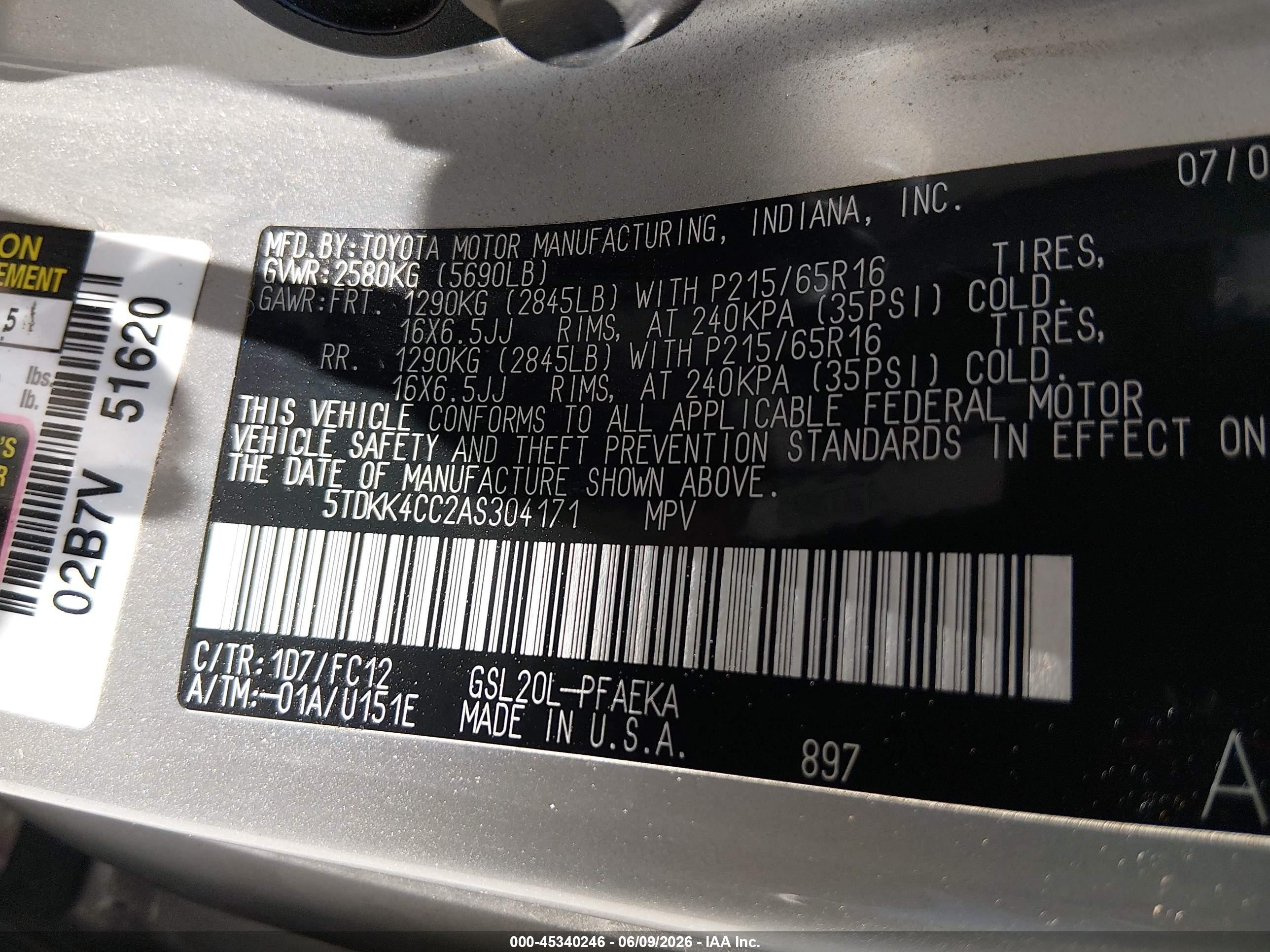 2010 Toyota Sienna Le Beige vin: 5TDKK4CC2AS304171