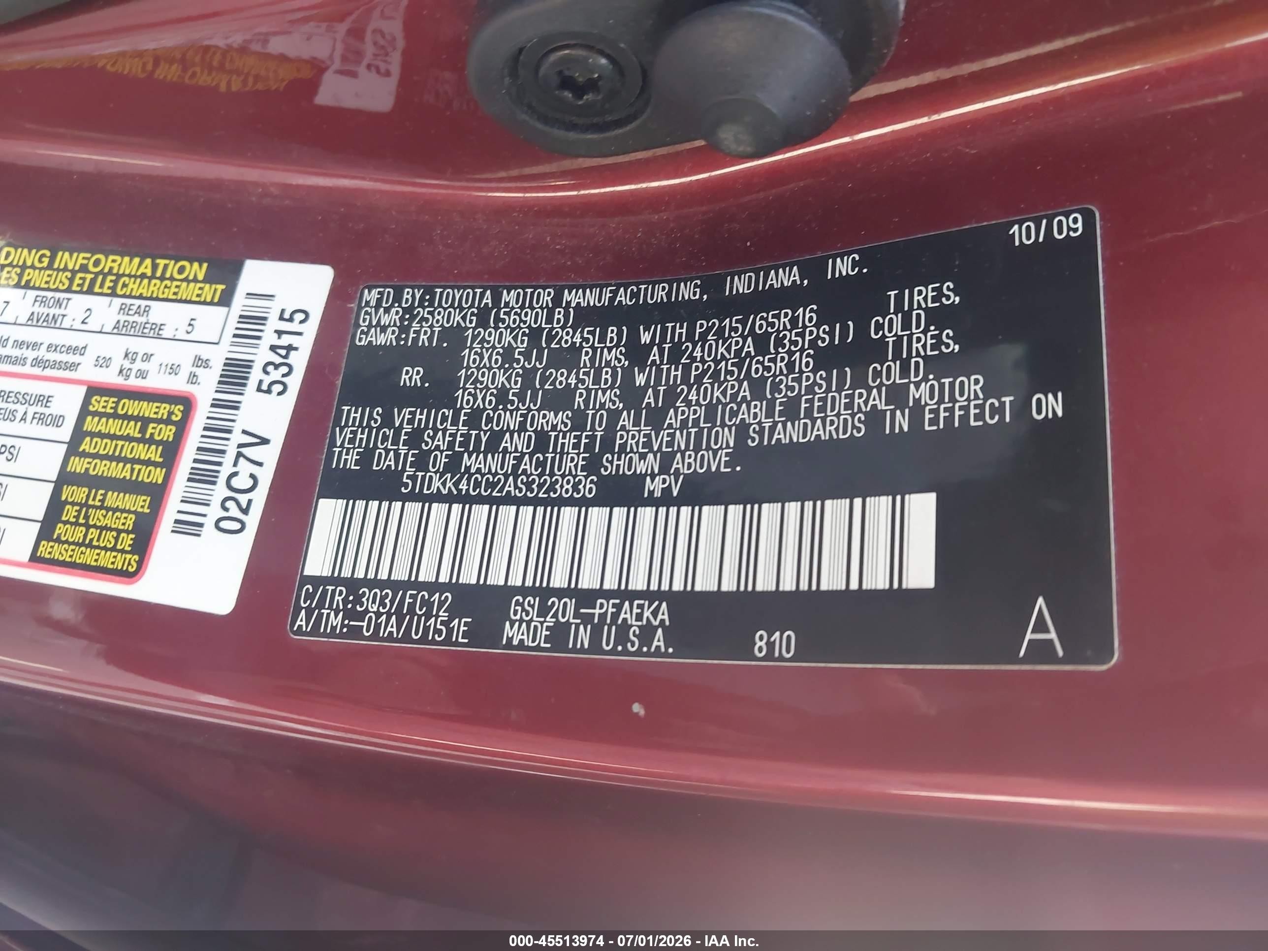 2010 Toyota Sienna Le Red vin: 5TDKK4CC2AS323836