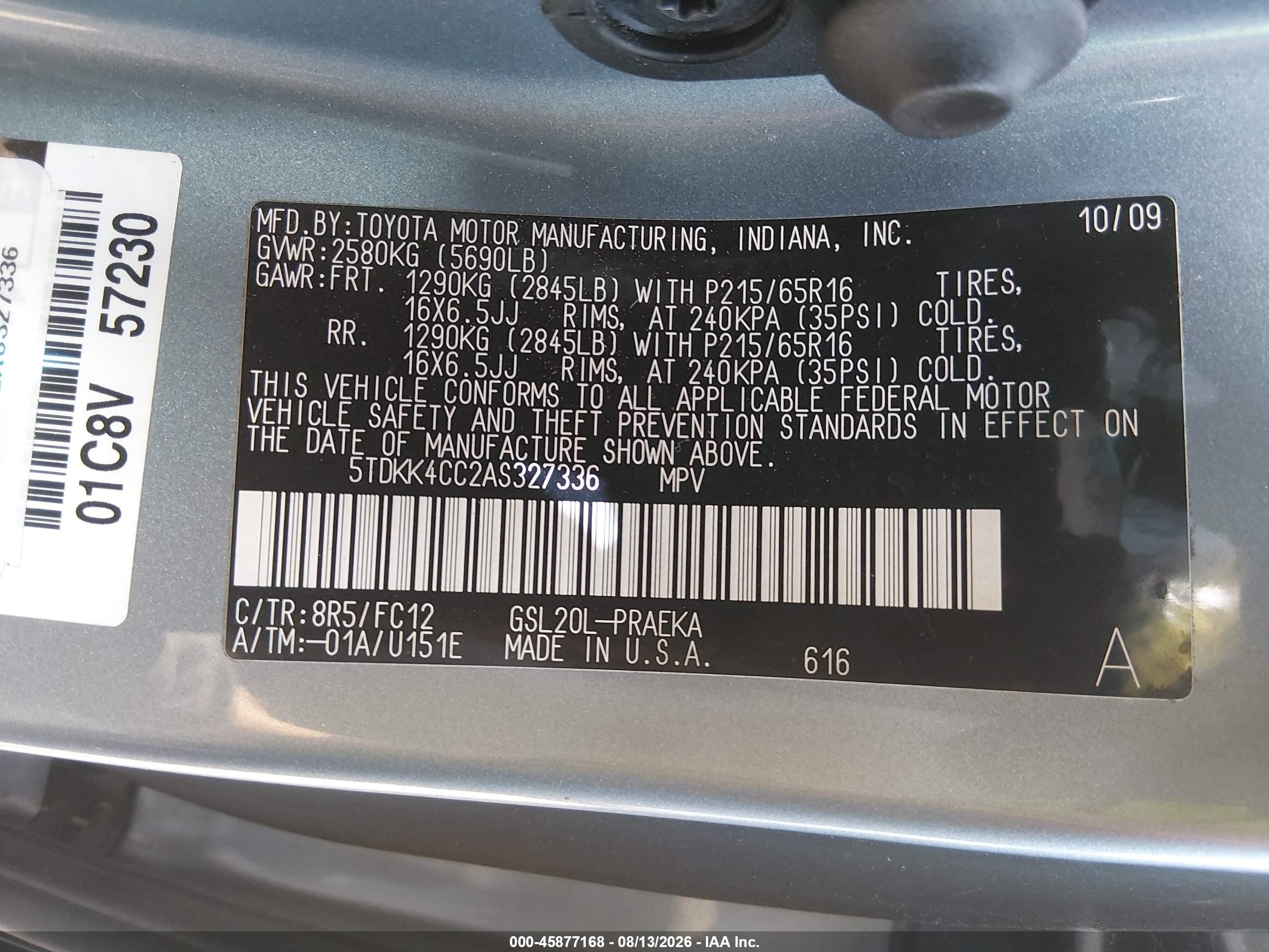 2010 Toyota Sienna Le Light Blue vin: 5TDKK4CC2AS327336