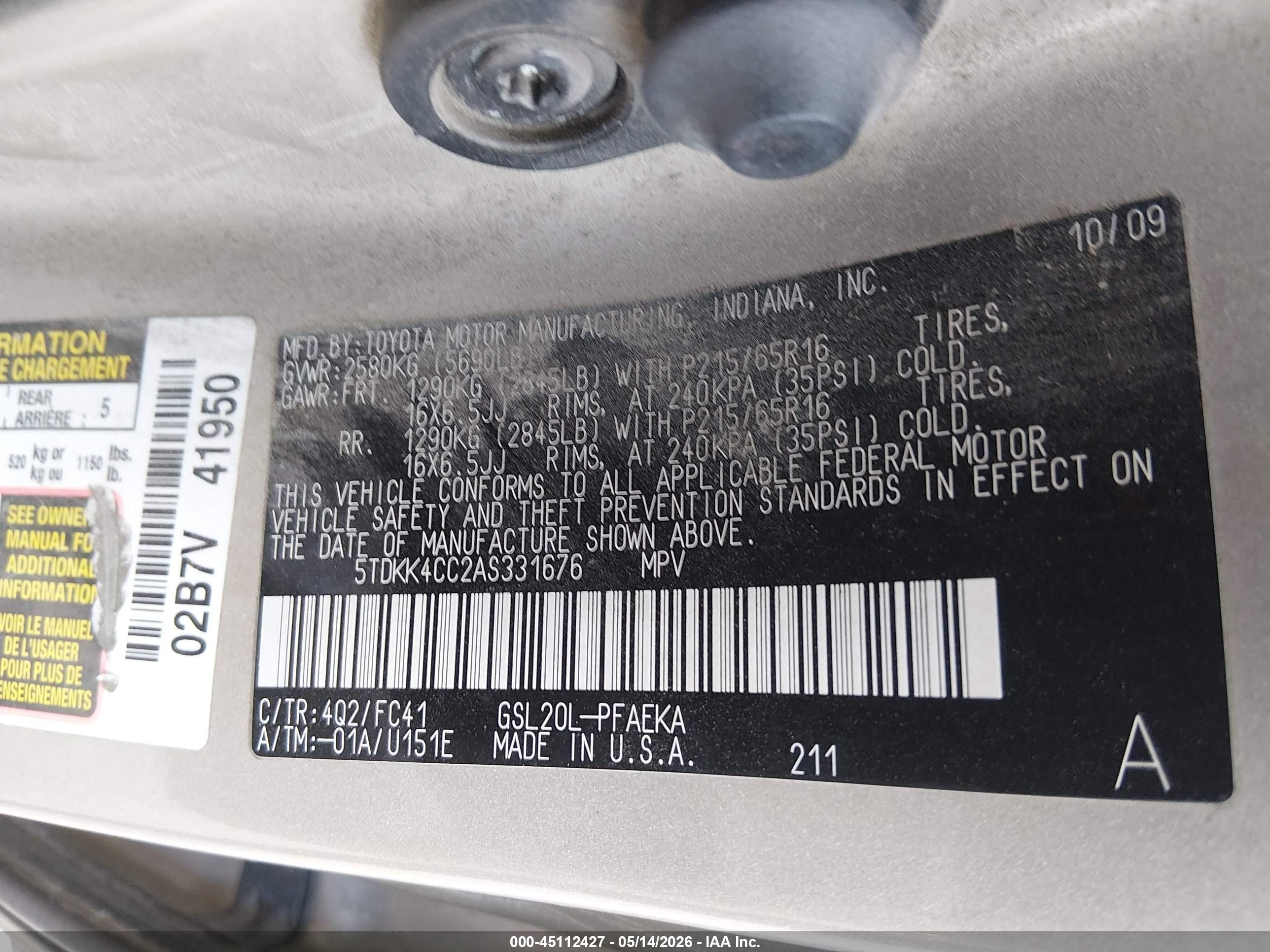 2010 Toyota Sienna Le Gold vin: 5TDKK4CC2AS331676