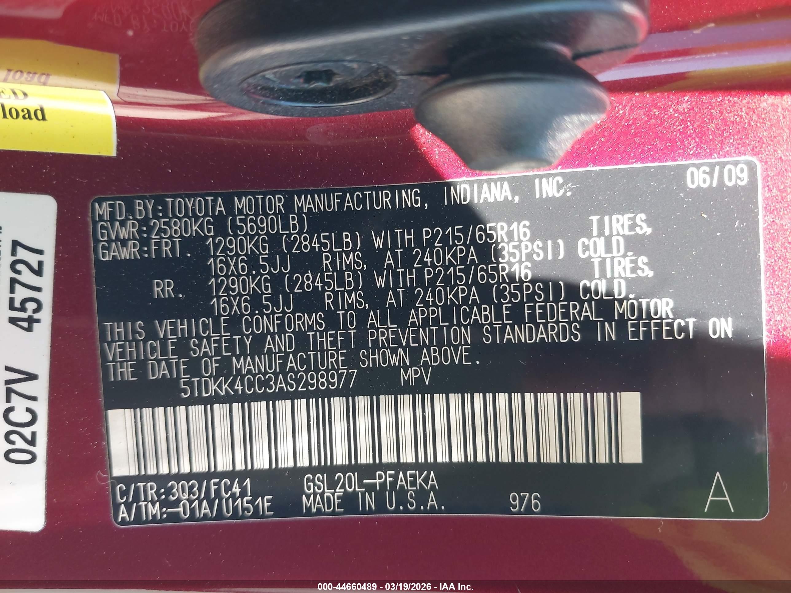 2010 Toyota Sienna Le Red vin: 5TDKK4CC3AS298977