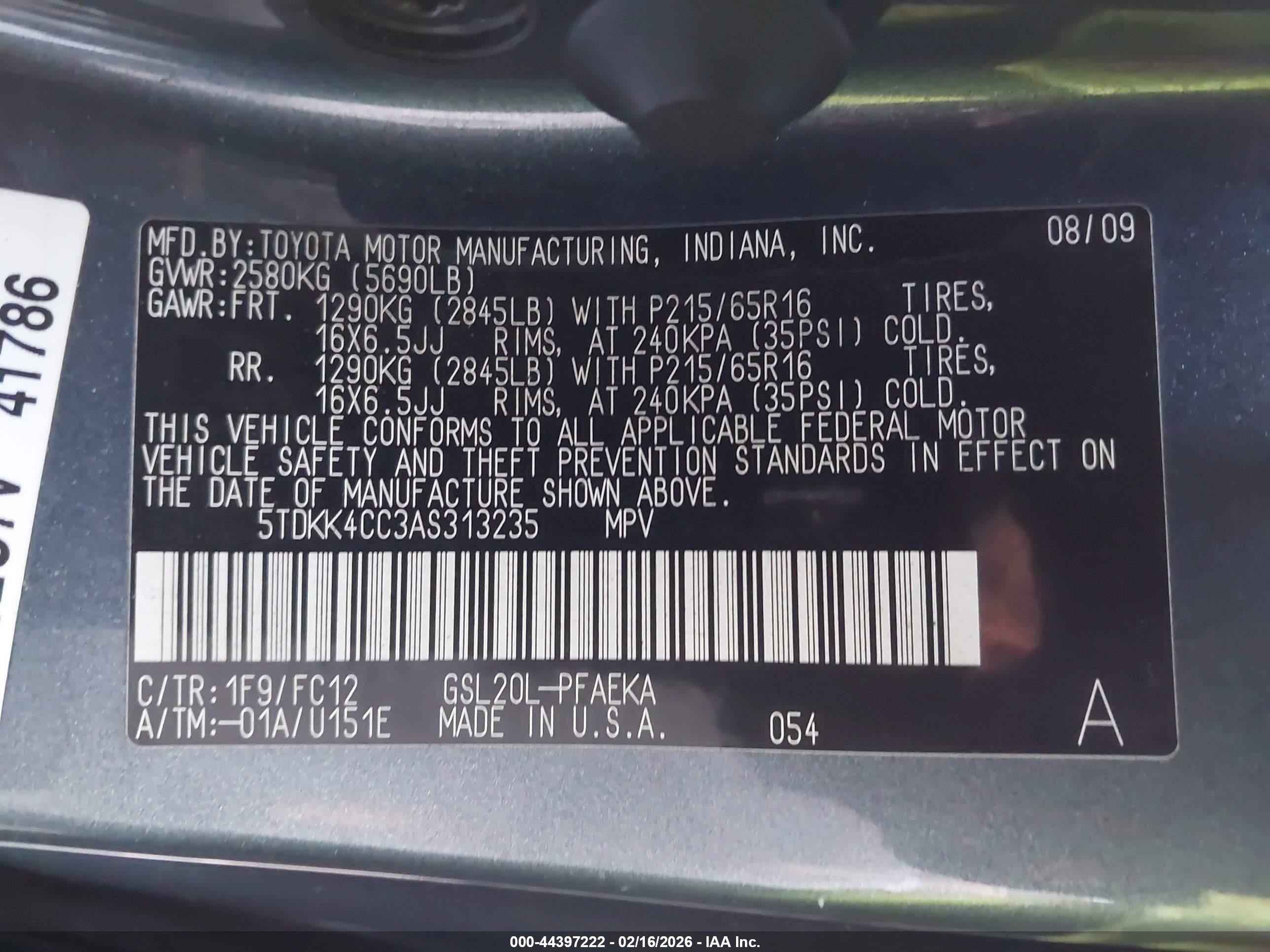 2010 Toyota Sienna Le Turquoise vin: 5TDKK4CC3AS313235