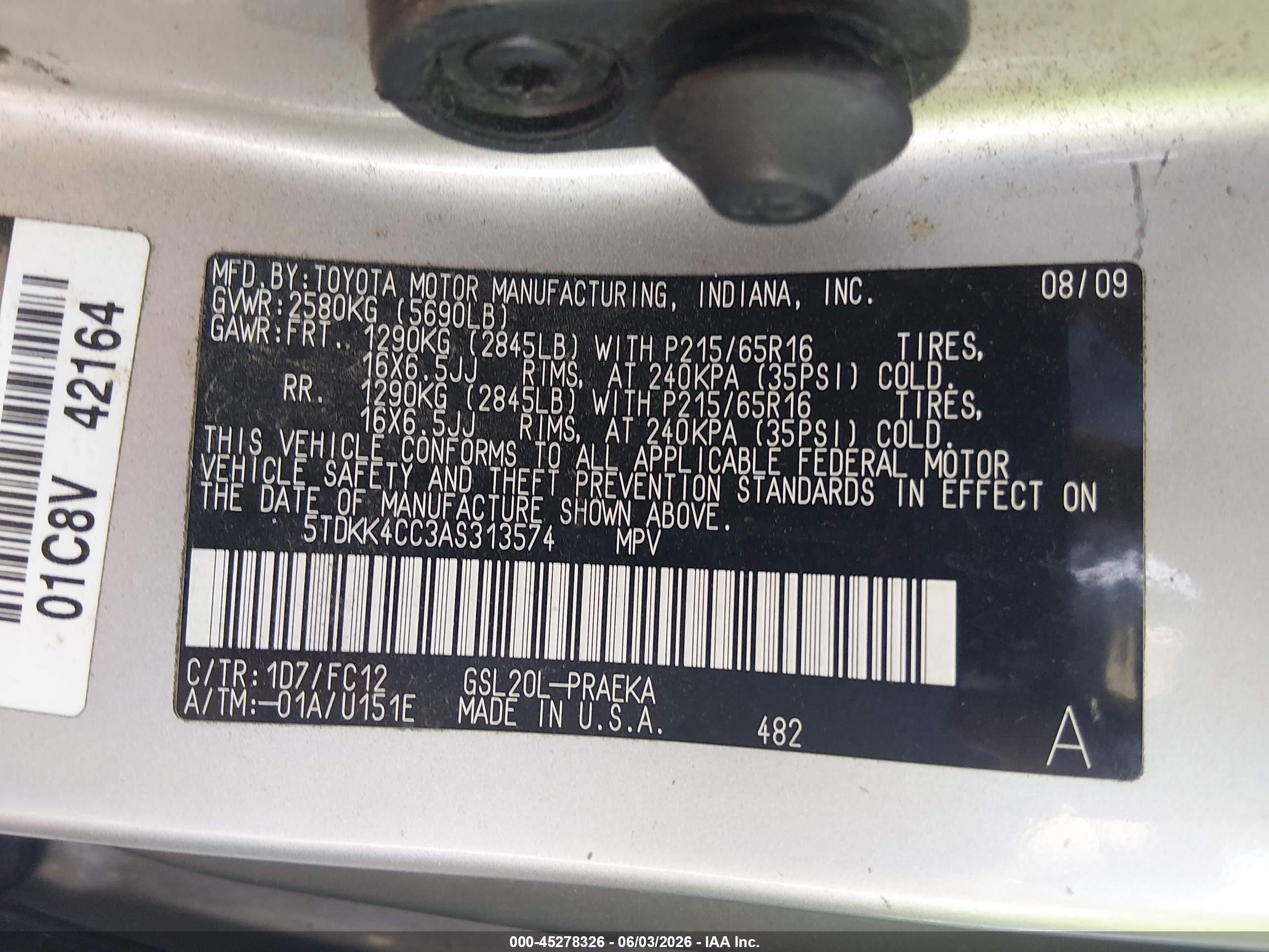 2010 Toyota Sienna Le Серебряный vin: 5TDKK4CC3AS313574
