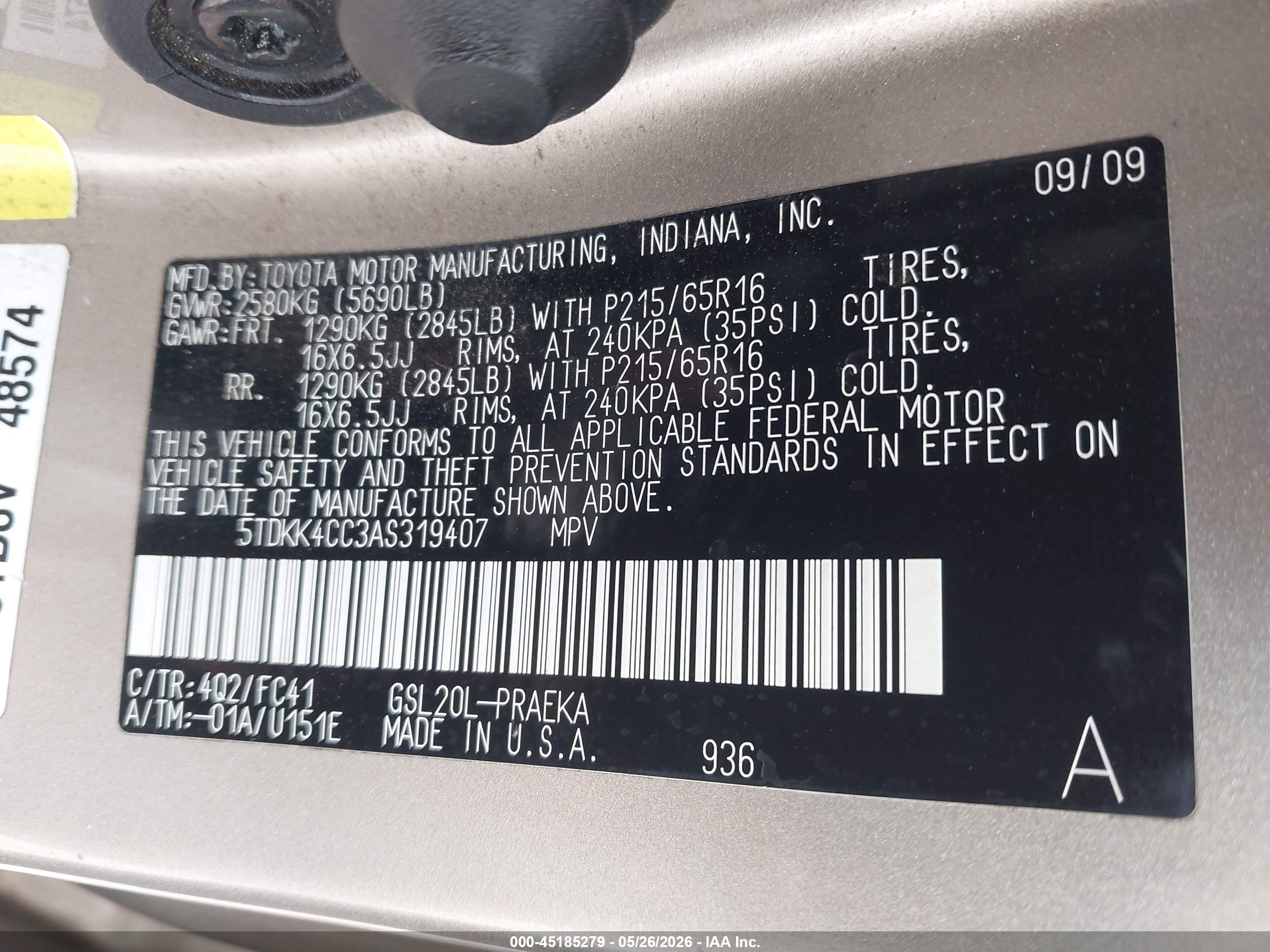2010 Toyota Sienna Le Beige vin: 5TDKK4CC3AS319407