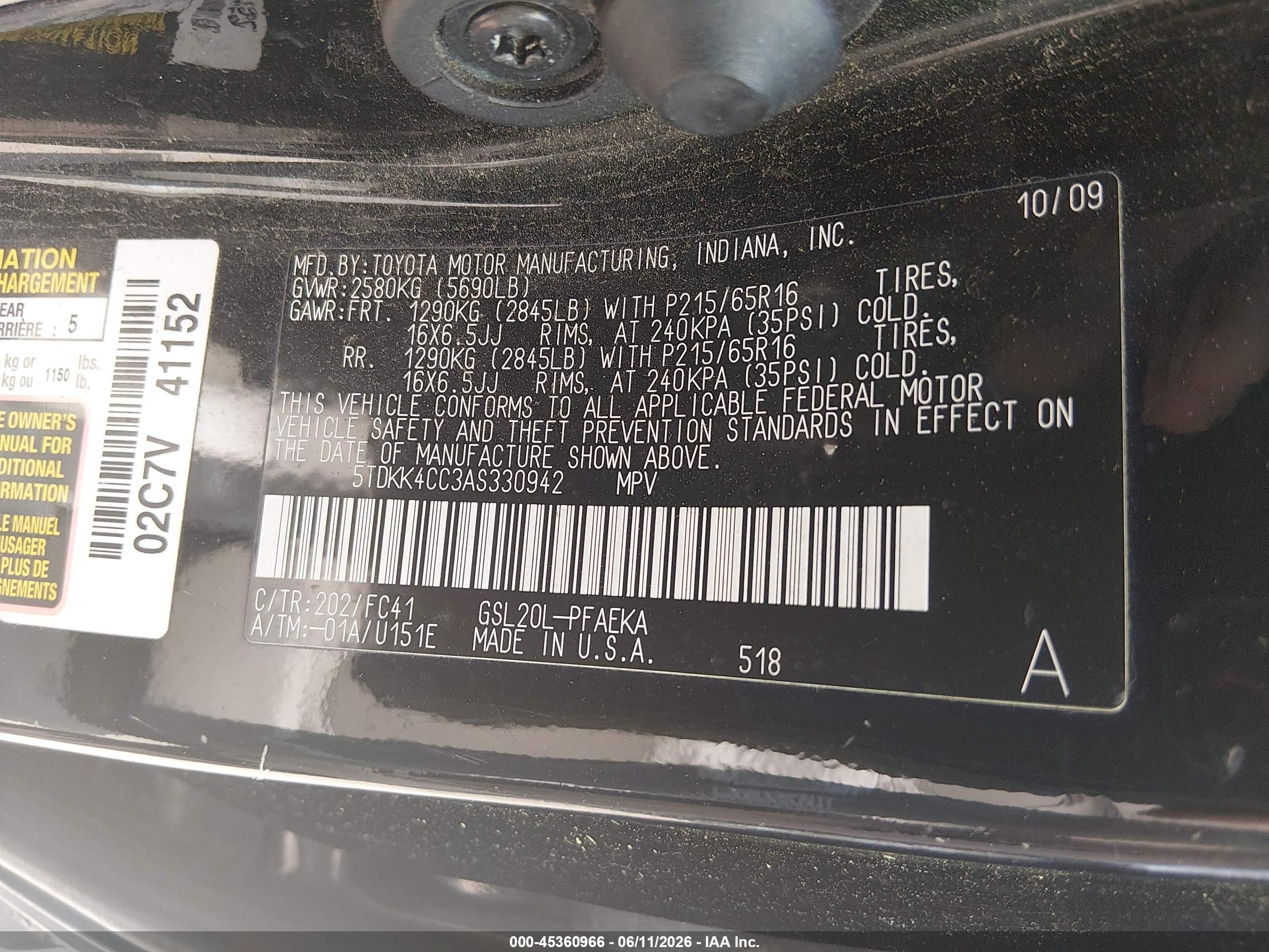 2010 Toyota Sienna Le Black vin: 5TDKK4CC3AS330942