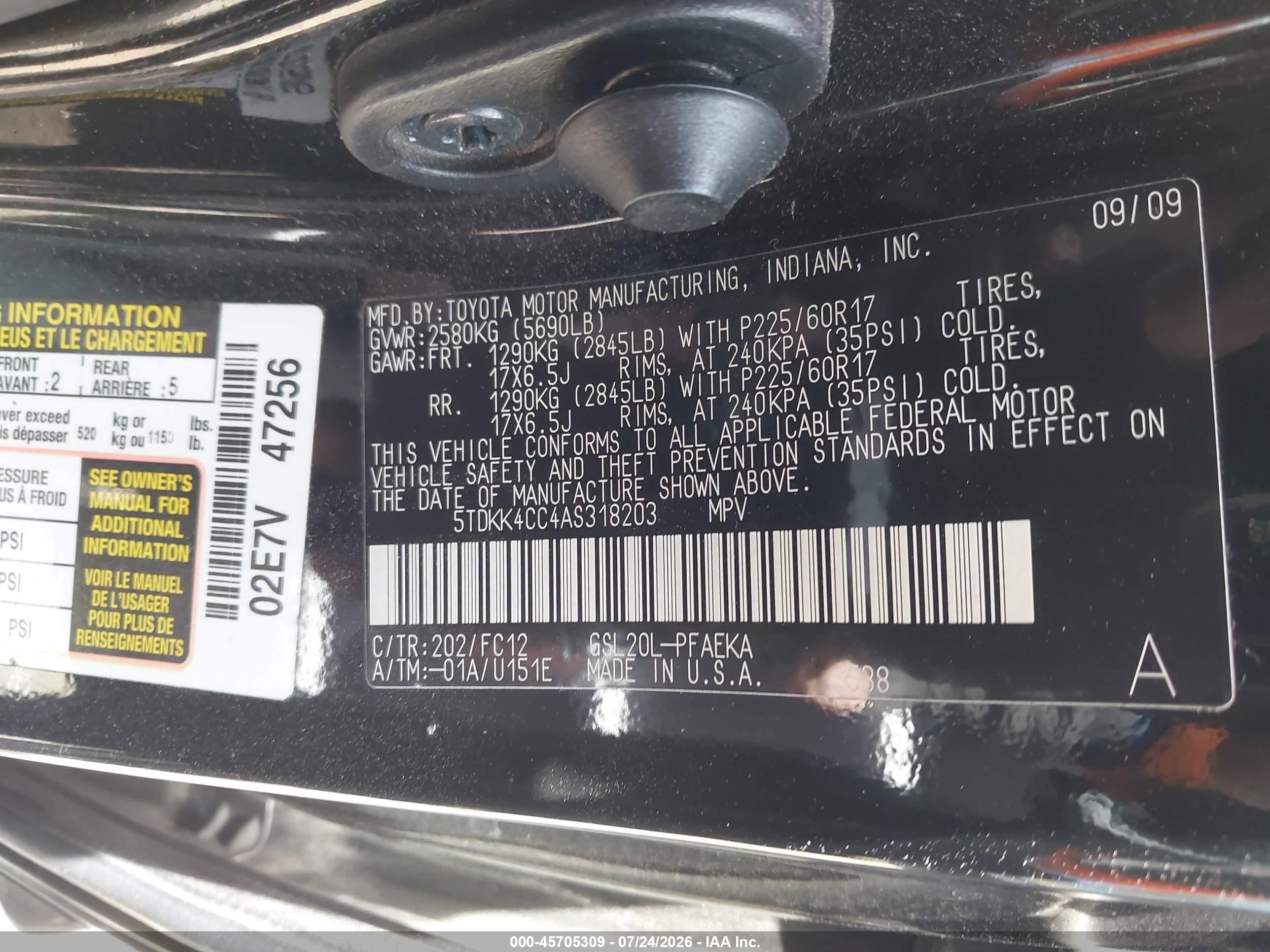 2010 Toyota Sienna Le Black vin: 5TDKK4CC4AS318203