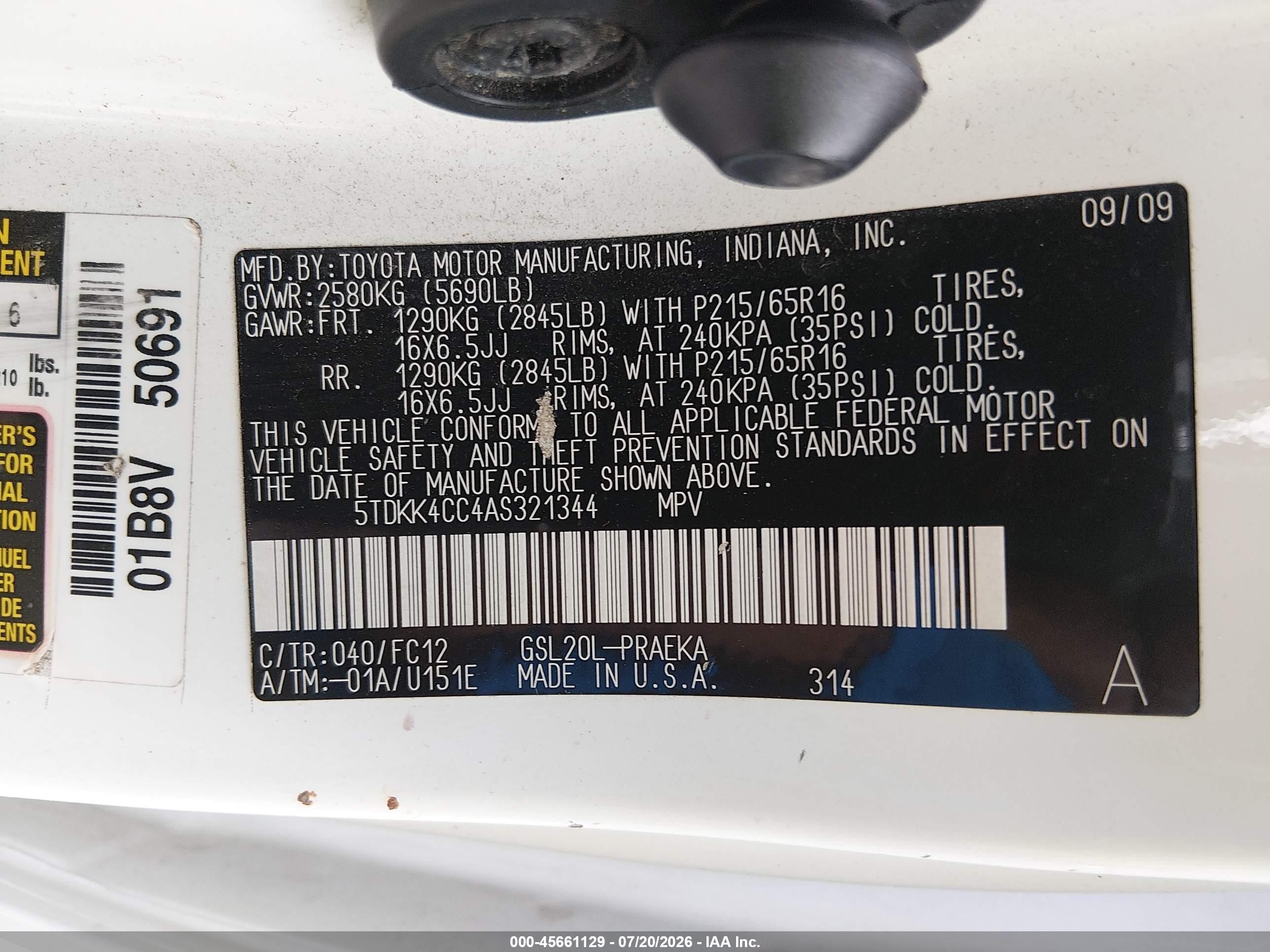 2010 Toyota Sienna Le White vin: 5TDKK4CC4AS321344
