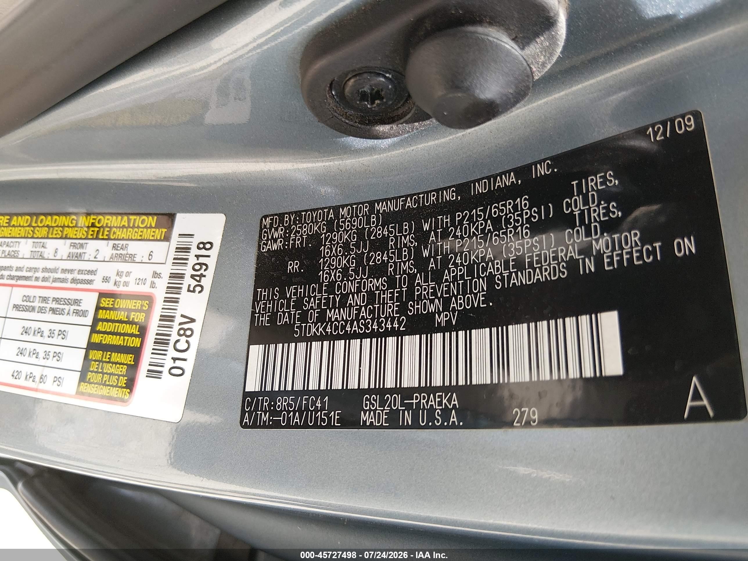 2010 Toyota Sienna Le Blue vin: 5TDKK4CC4AS343442