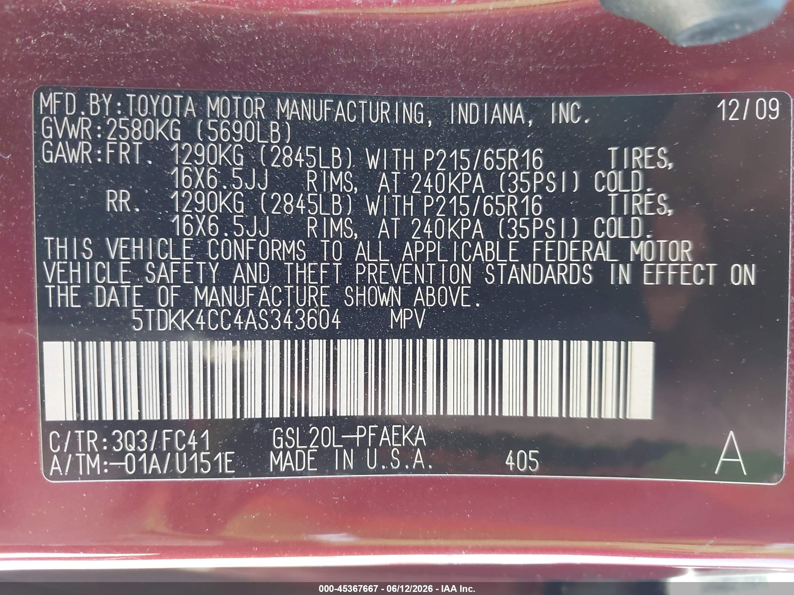 2010 Toyota Sienna Le Burgundy vin: 5TDKK4CC4AS343604