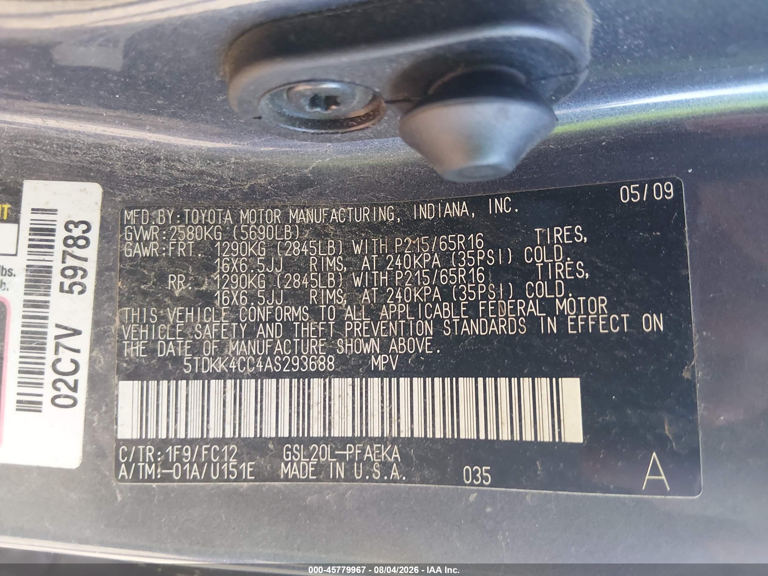 2010 Toyota Sienna Ce/le Gray vin: 5TDKK4CC4ASz93688