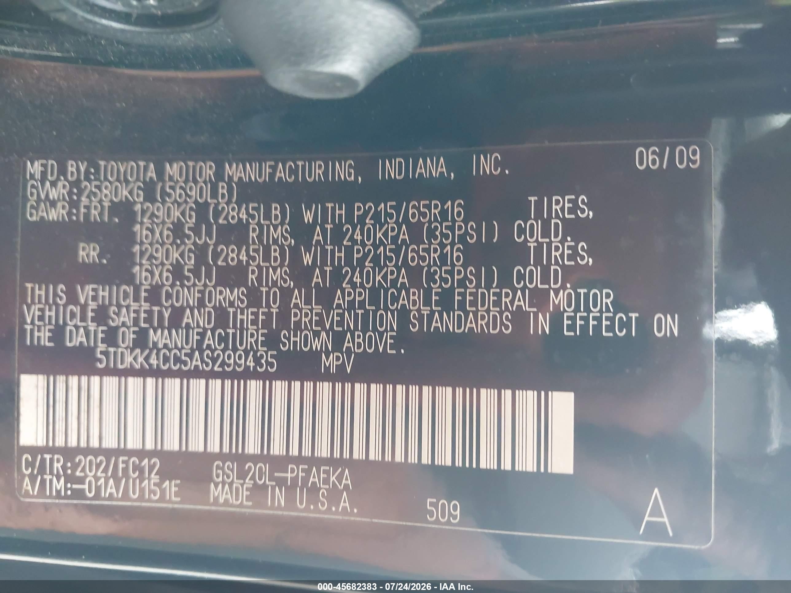 2010 Toyota Sienna Le Black vin: 5TDKK4CC5AS299435