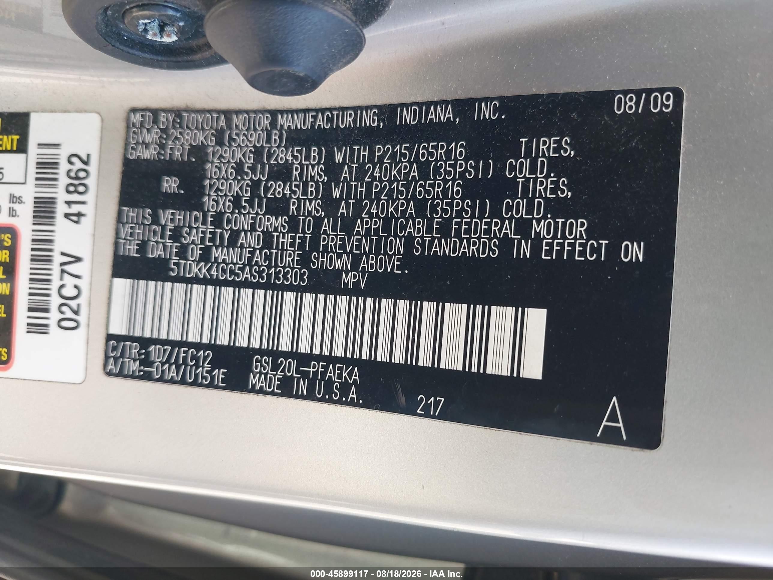 2010 Toyota Sienna Le Silver vin: 5TDKK4CC5AS313303