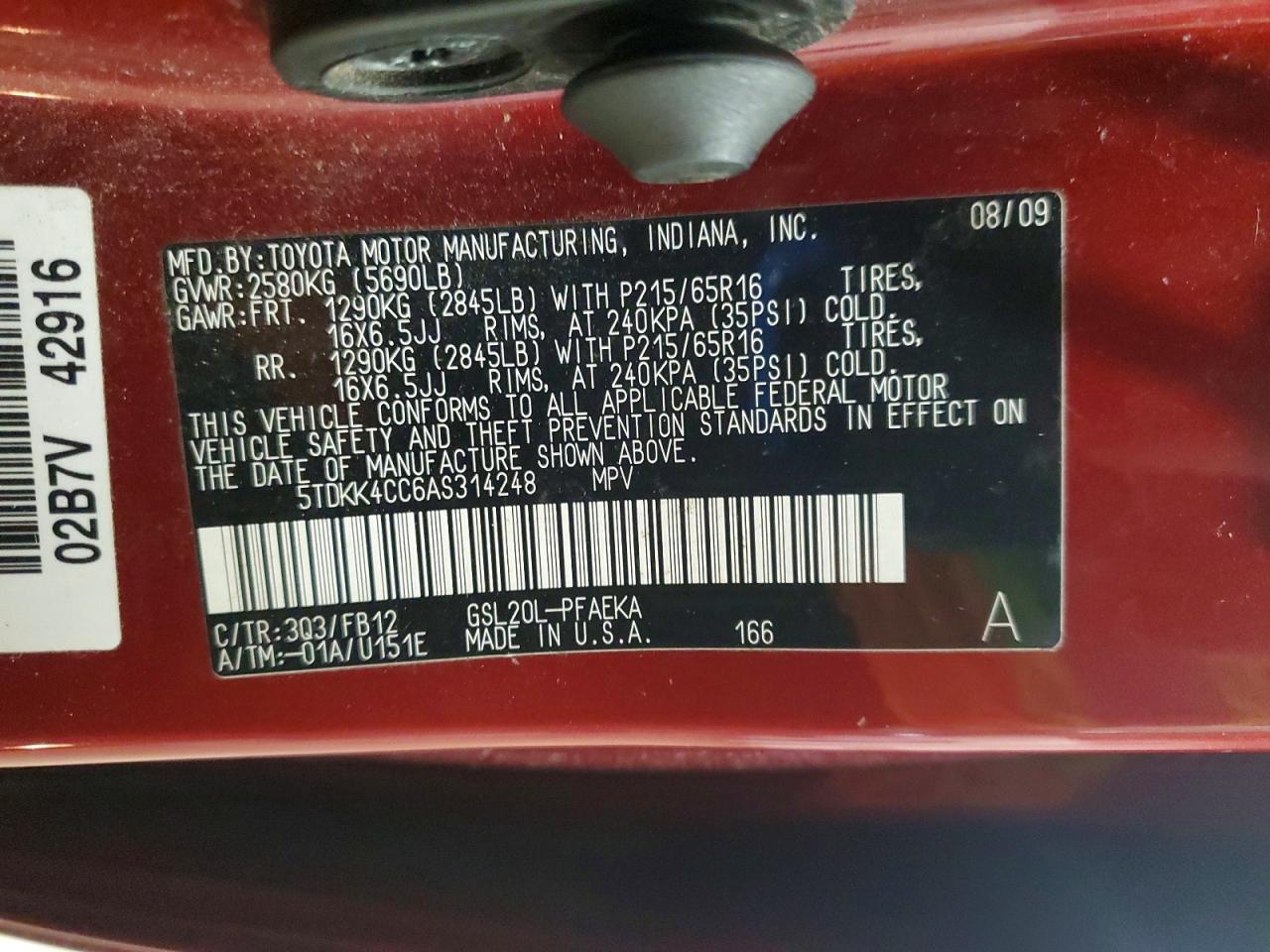 2010 Toyota Sienna Ce 7-passenger Red vin: 5TDKK4CC6AS314248