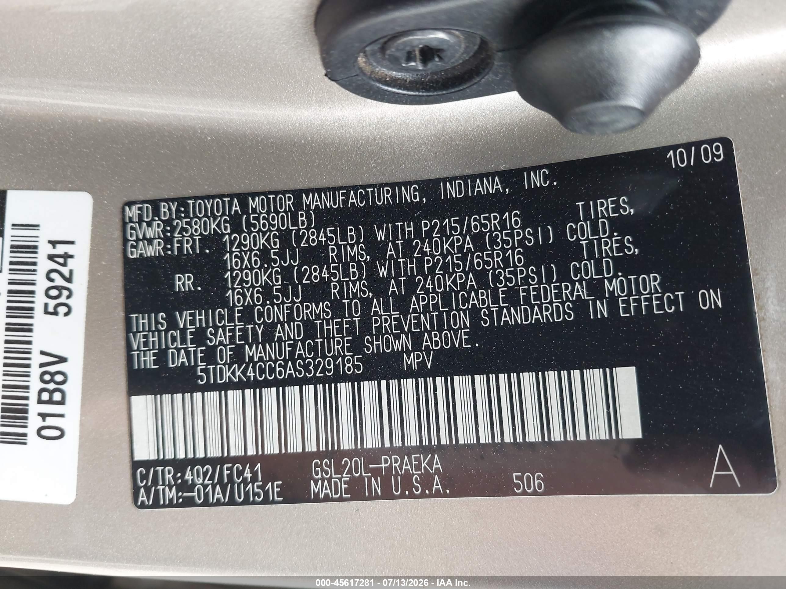 2010 Toyota Sienna Le Champagne vin: 5TDKK4CC6AS329185