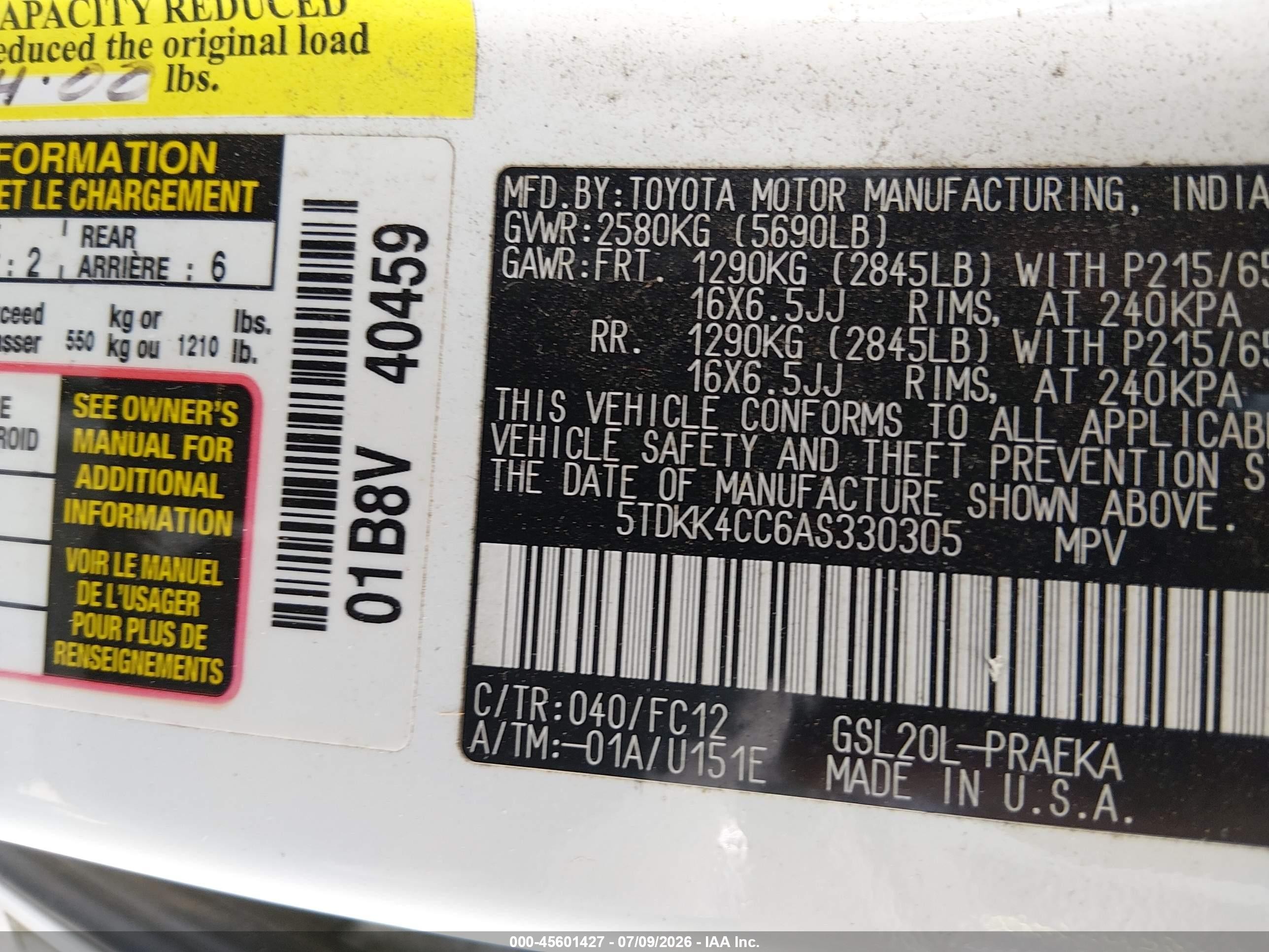 2010 Toyota Sienna Le Белый vin: 5TDKK4CC6AS330305