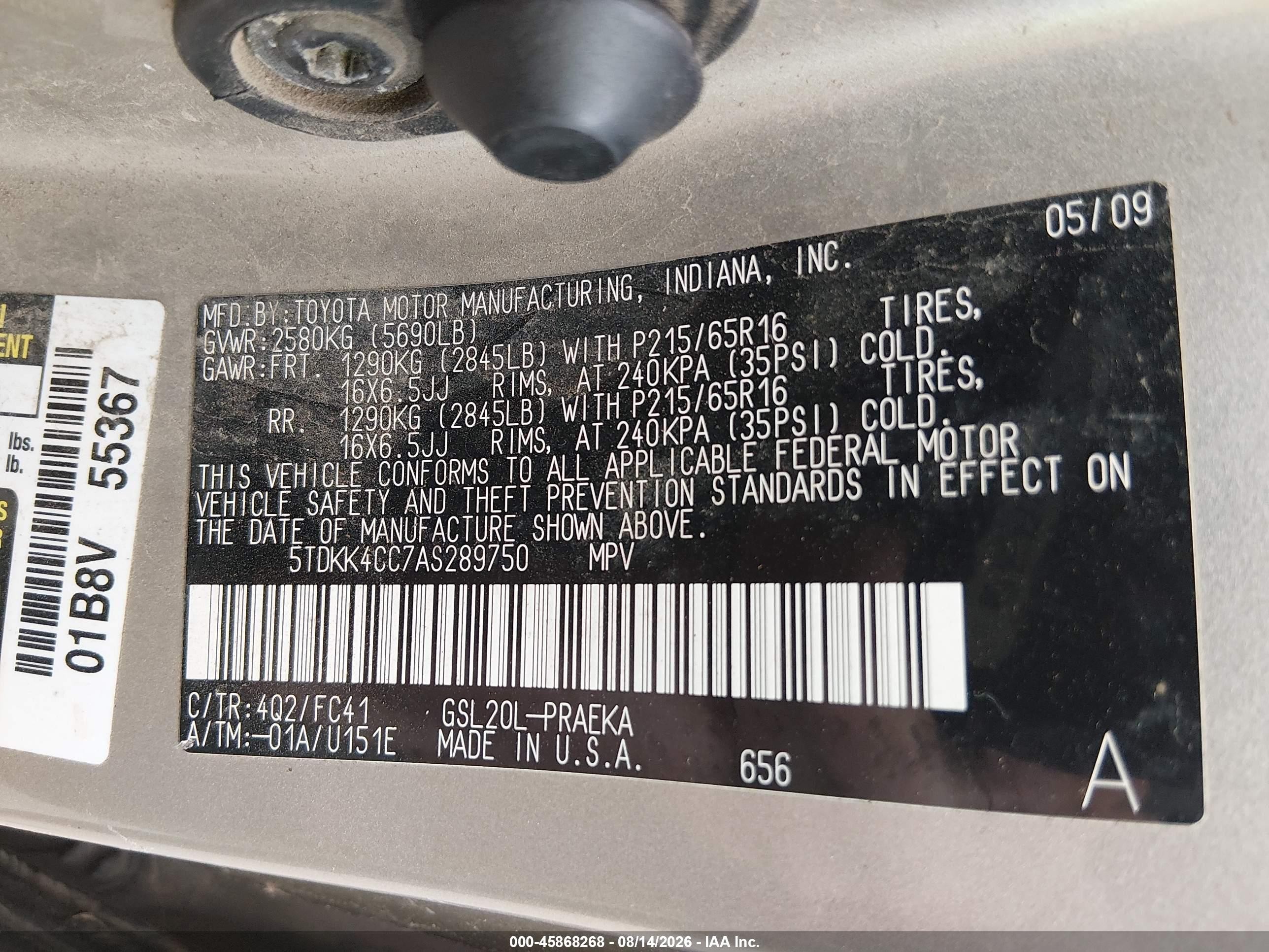 2010 Toyota Sienna Le Tan vin: 5TDKK4CC7AS289750