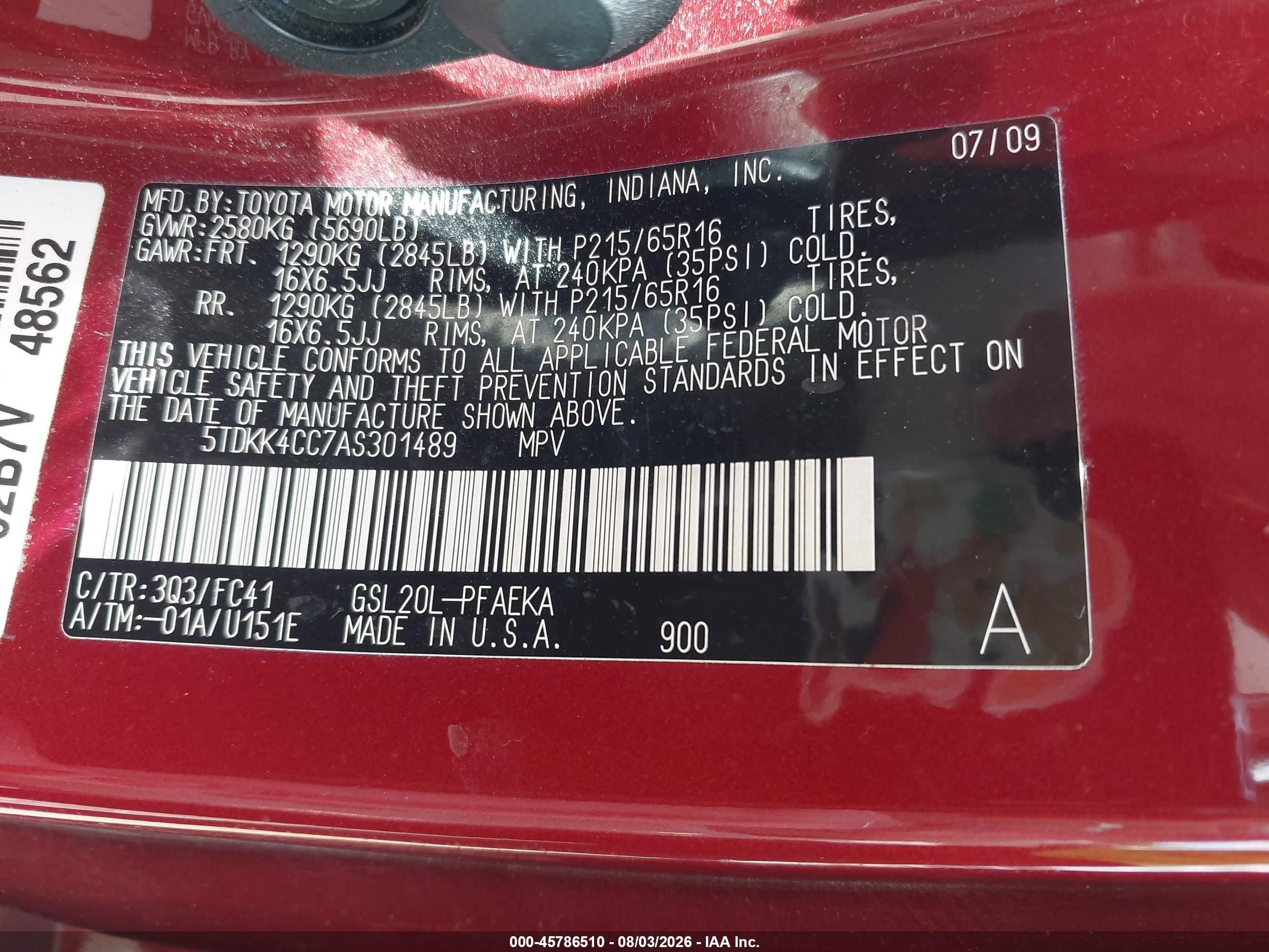 2010 Toyota Sienna Le Red vin: 5TDKK4CC7AS301489