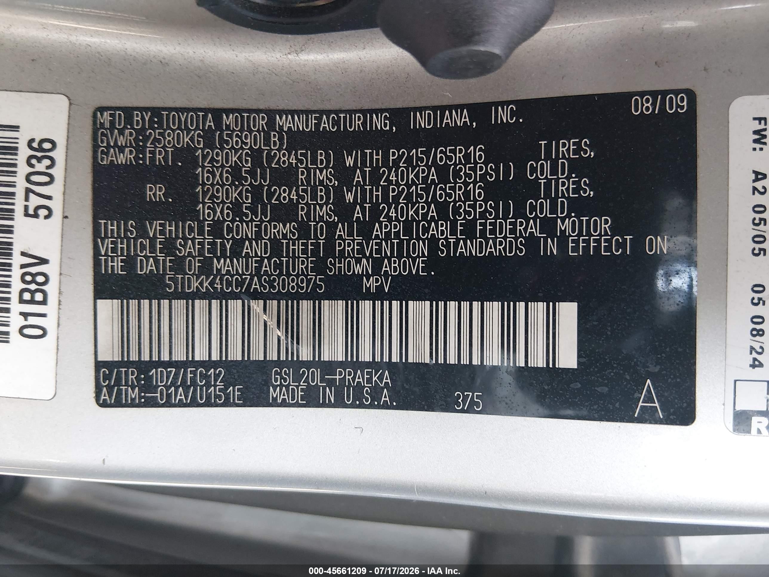 2010 Toyota Sienna Le Silver vin: 5TDKK4CC7AS308975