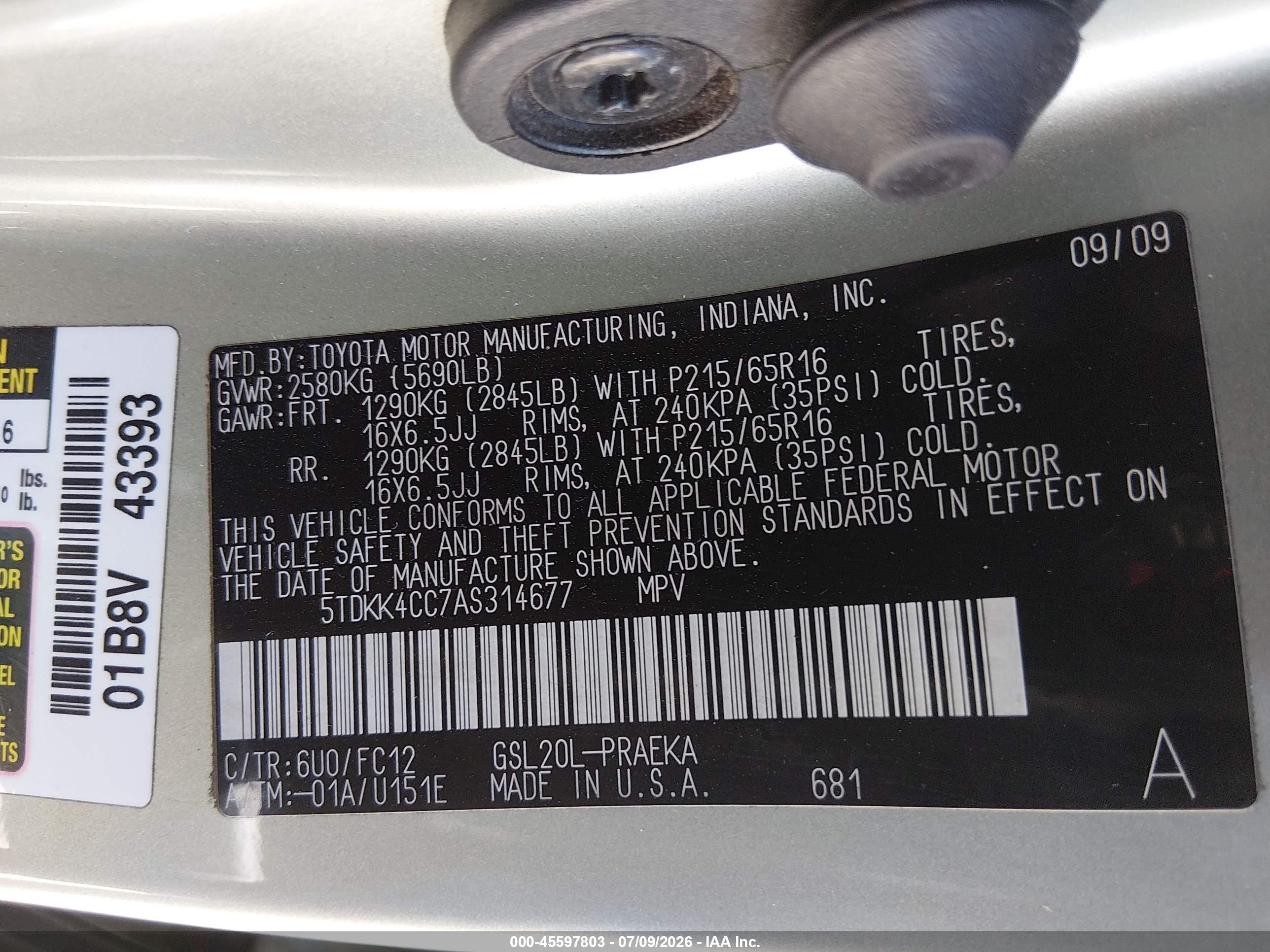 2010 Toyota Sienna Le Green vin: 5TDKK4CC7AS314677